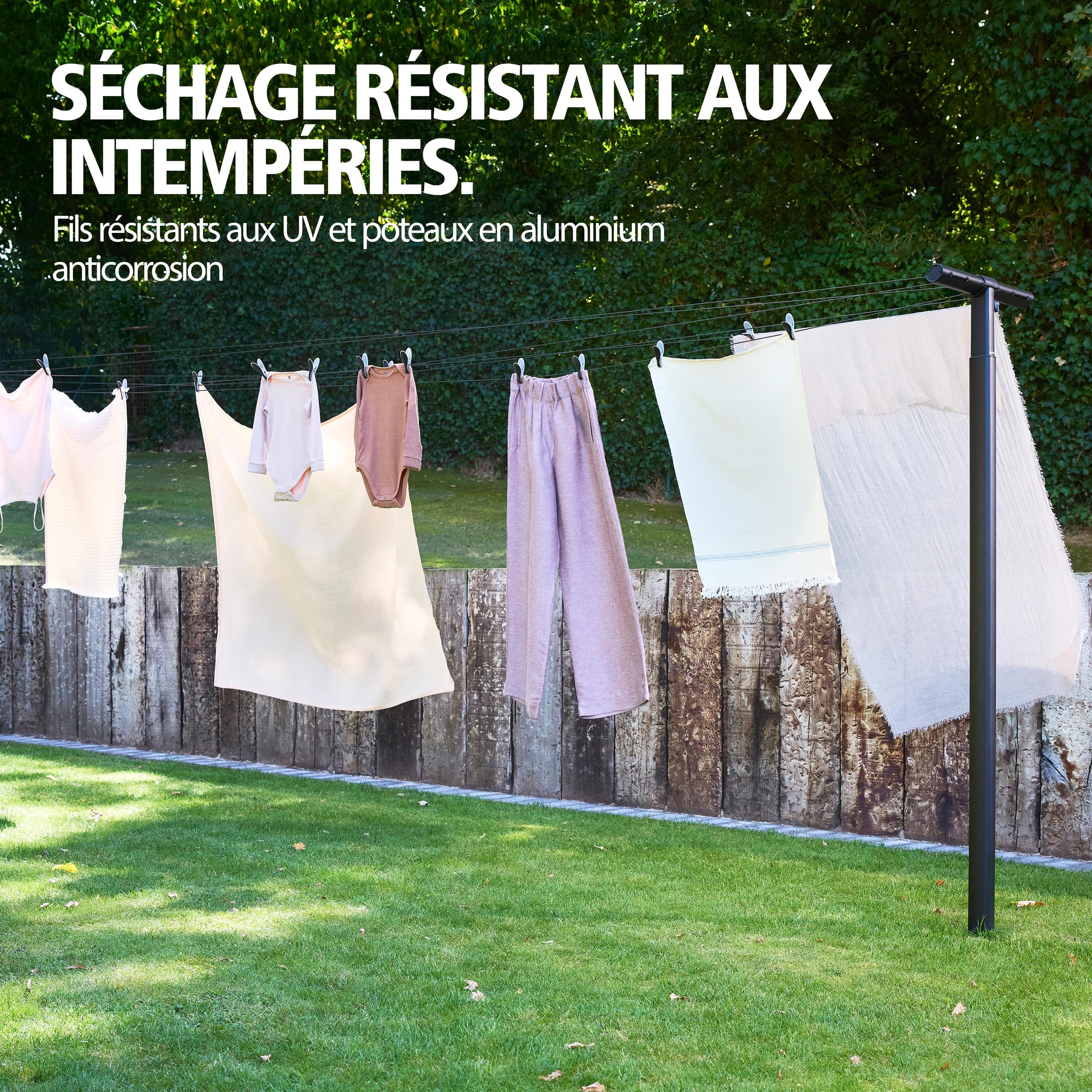 Brabantia Étendoir à Linge Hangout avec poteaux de 50 m (Noir), Séchoir à Linge réglable pour Une Utilisation extérieure, Etendoir Linge Suspendu pour sécher Le Linge