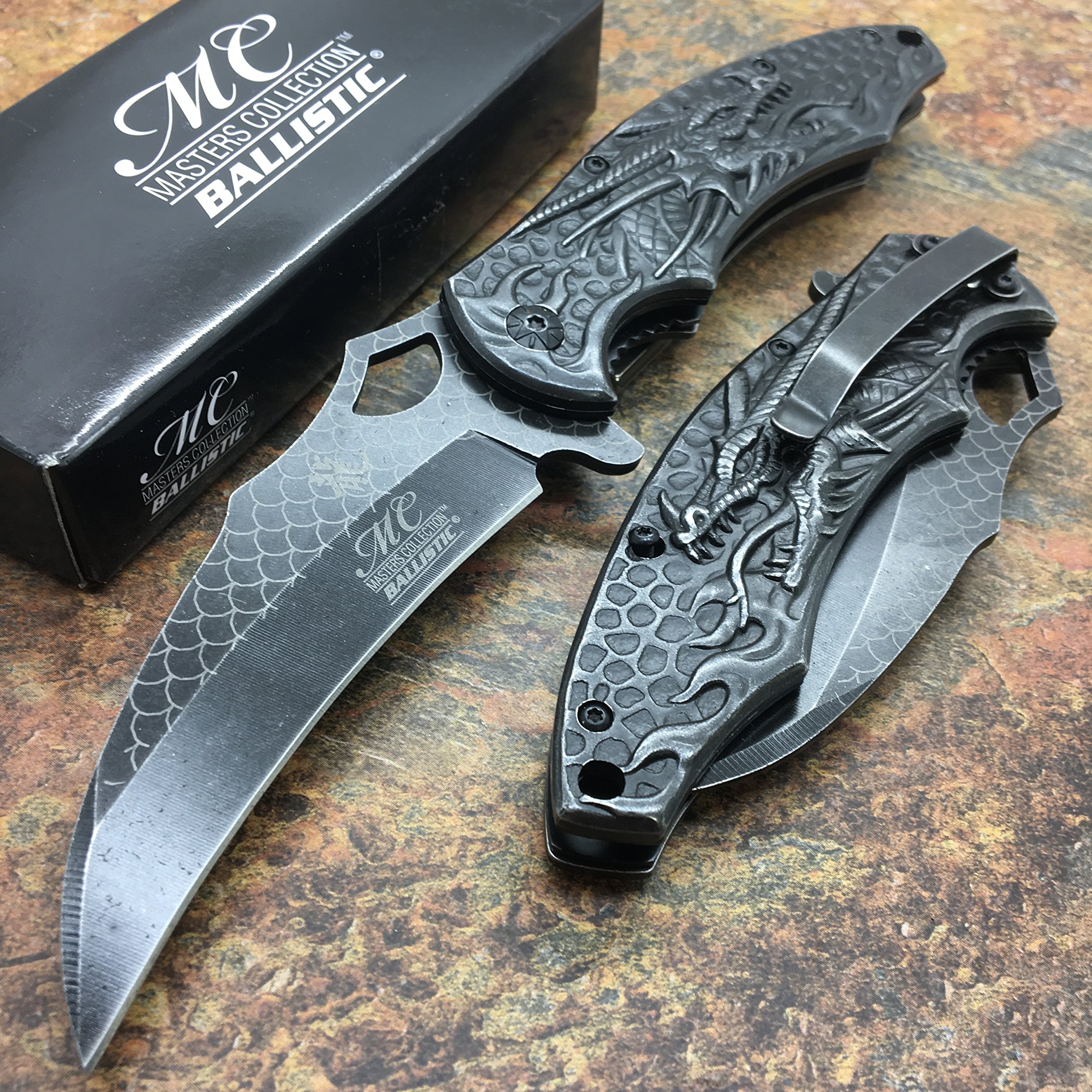 Masters Collection MC-A037SW Dragon Folder with Pocket Clip Laser Etching Stonewash Blade & Handle, 4.75