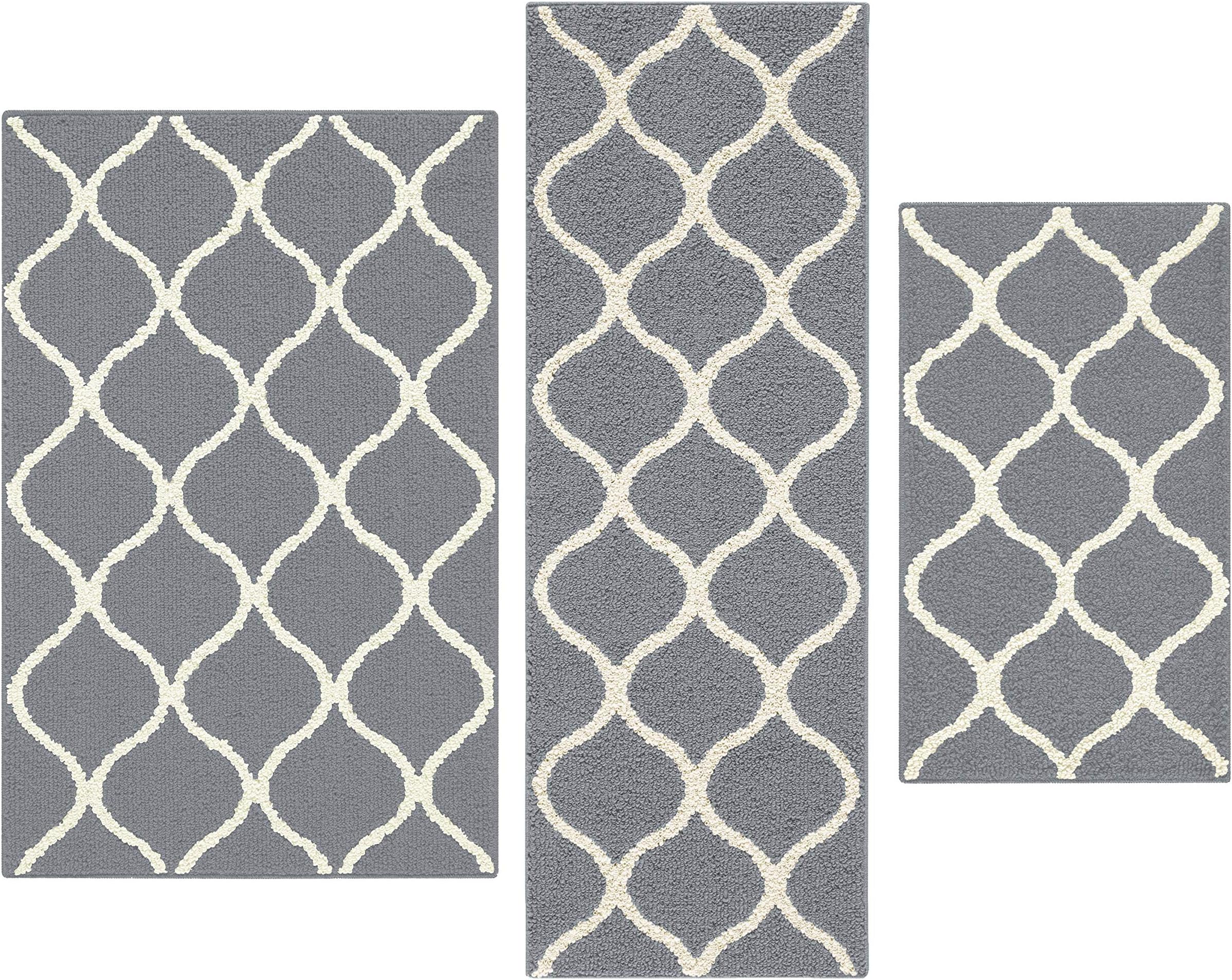 Maples Rugs Rebecca [3pc Set] Non Kid Accent Throw Rugs Runner [Made in USA] for Entryway and Bedroom, Grey/White