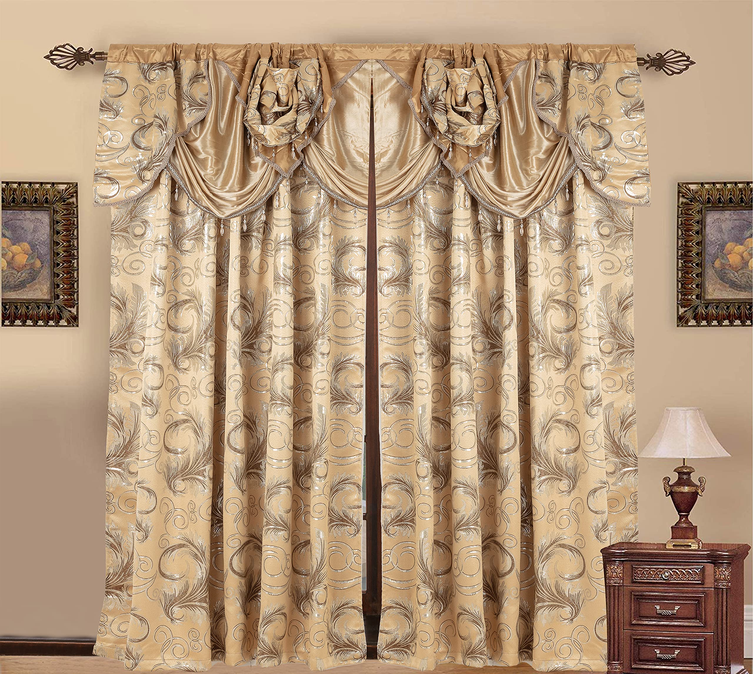 Golden Rugs Jacquard Luxury Curtain Window Panel Set Curtain with Attached Valance and Backing Bedroom Living Room Dining 112”X84” Jana Collection (Taupe) - Image 3