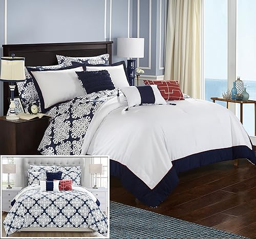 Chic Home Tania - Cama reversible de 10 piezas, edredón Queen, azul marino