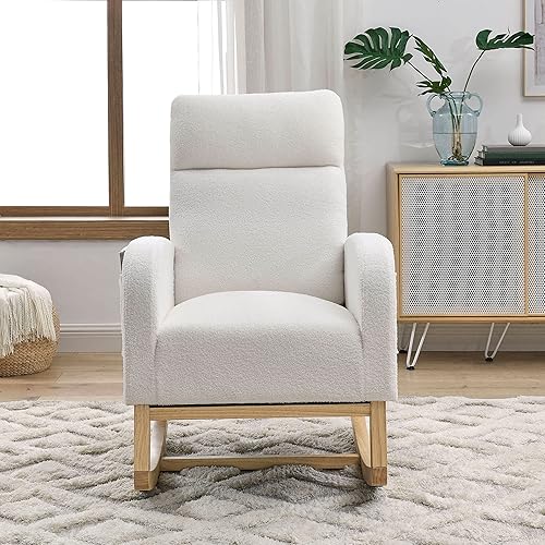 Miniatura 3 de Mecedora para guardería, moderna silla deslizante con respaldo alto y dos bolsillos laterales, sofá mecedor de tela para sala de estar, dormitorio,