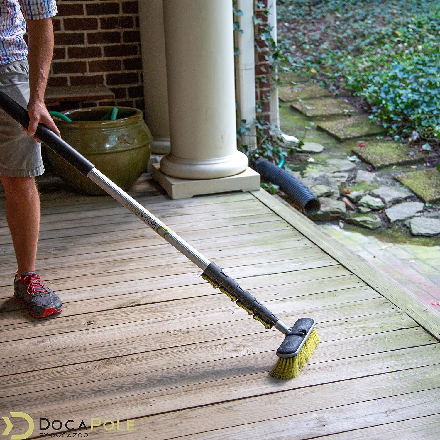 DocaPole 11 Inch Medium Bristle Deck Brush with 6-24 Foot Extension Pole: Includes Scrub Brush with Long Handle Telescoping Pole; Cleaning Brush for Deck, House Siding, Garage, Patio and More