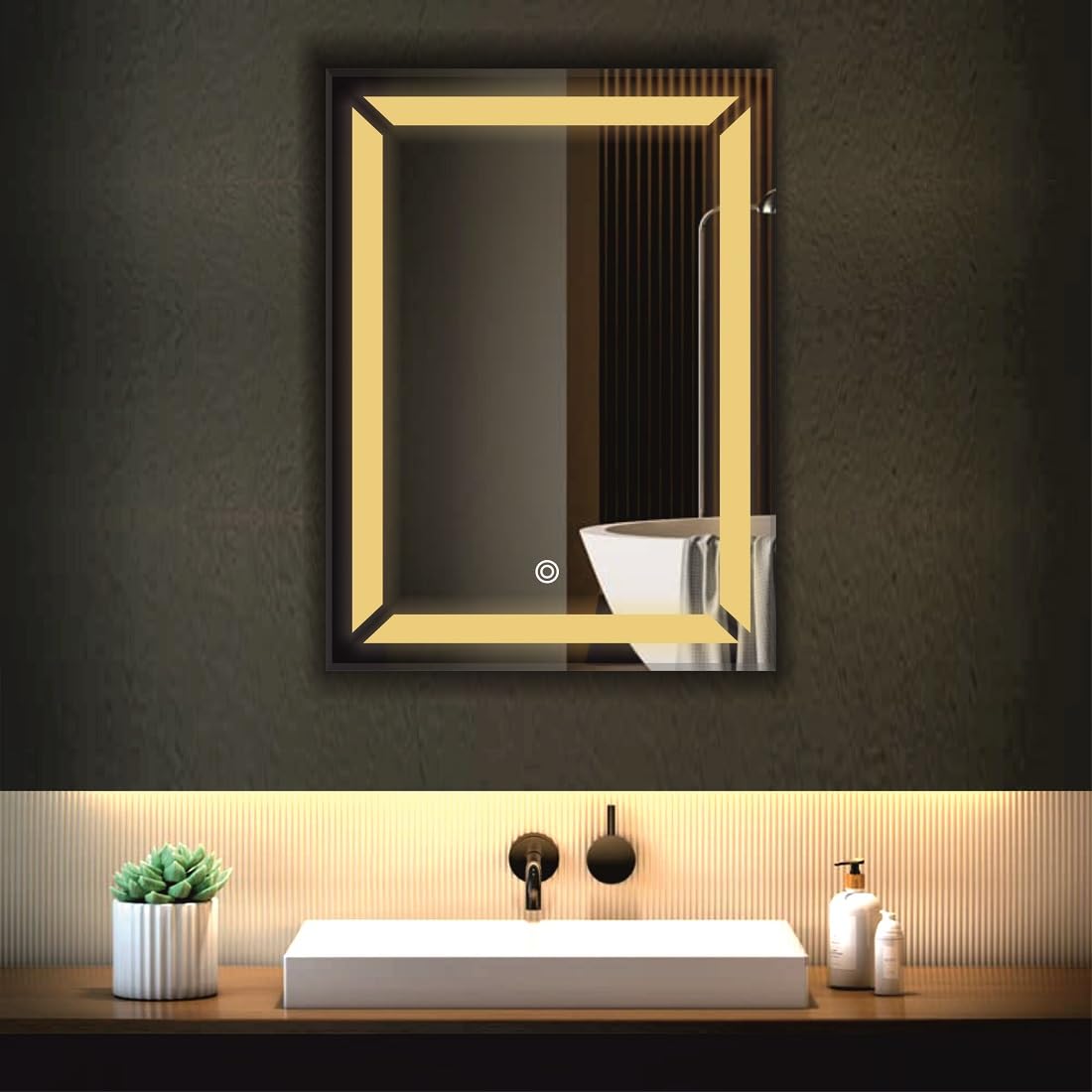 Khushi Decors Rectangle Cone Cut Led Mirror Glass for Bathroom Wall - Decorative Home Decor Mirror Glass for Bedroom, Living Room, Drawing Room, Hall, Makeup Room and Wash Basin (Size 18x24 Cone Cut)