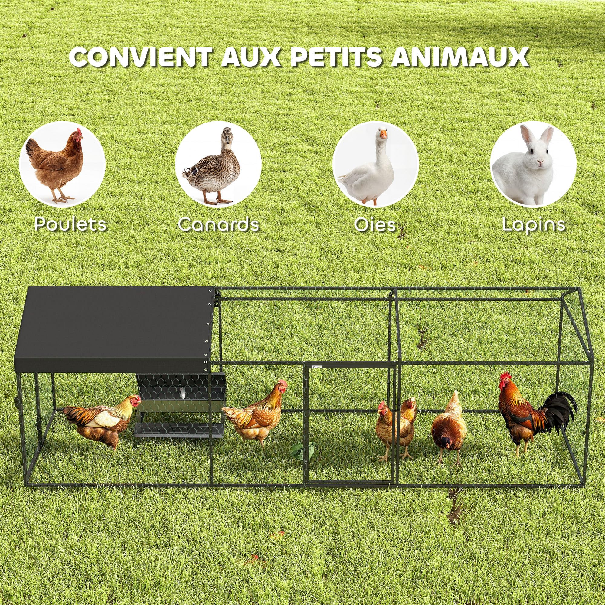 PawHut Enclos Poulailler Extérieur en Acier, 3 x 1 m Parc Grillagé avec Couverture Imperméable et 2 Portes Latérales Verrouillables, pour 3-5 Poules Lapins Canards, Noir