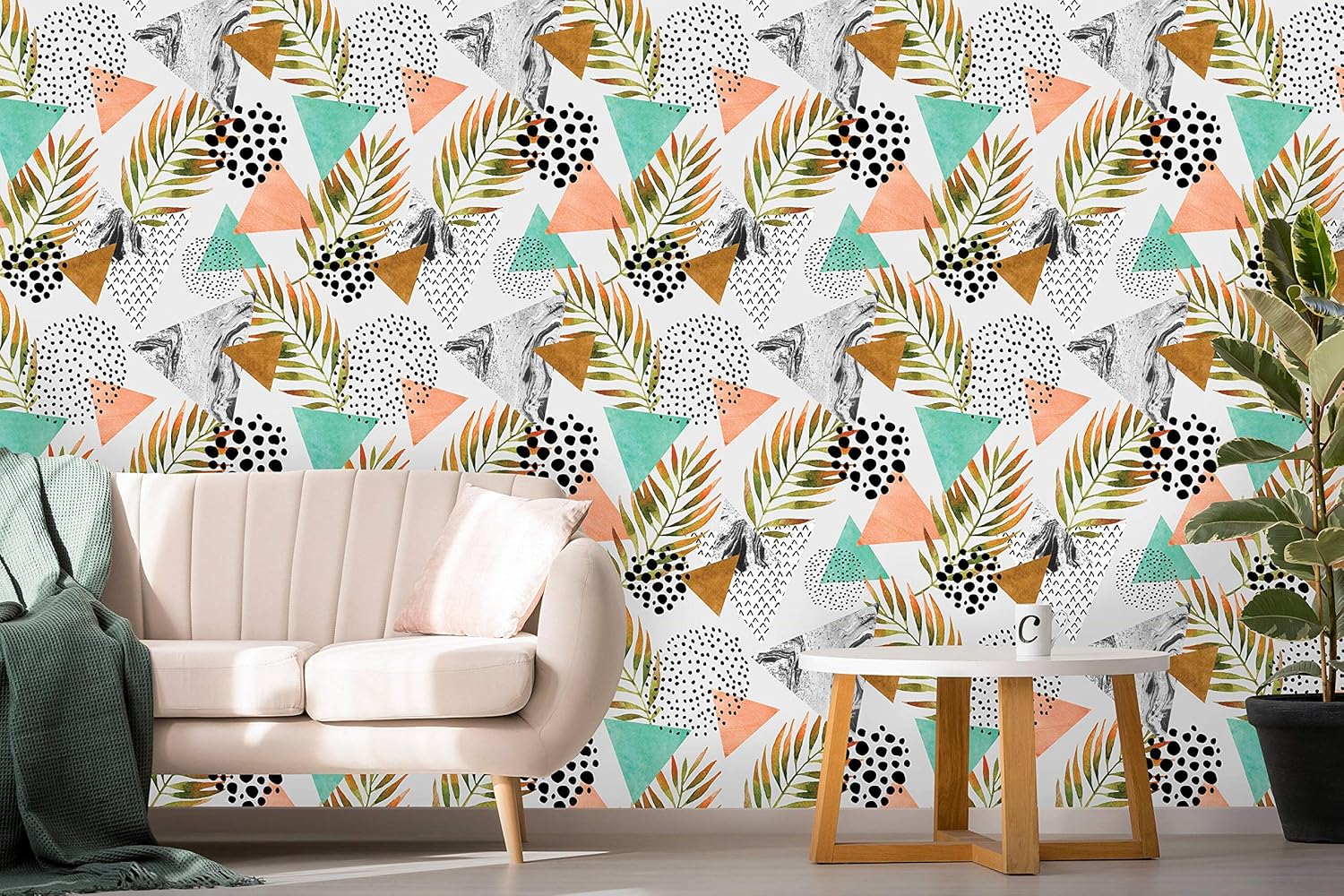 Removable Wallpaper | Peel and Stick Geometric Wallpaper | Self Adhesive Abstract Wallpaper | Palm Leaf and Marble (24" W x 96" H Inches)