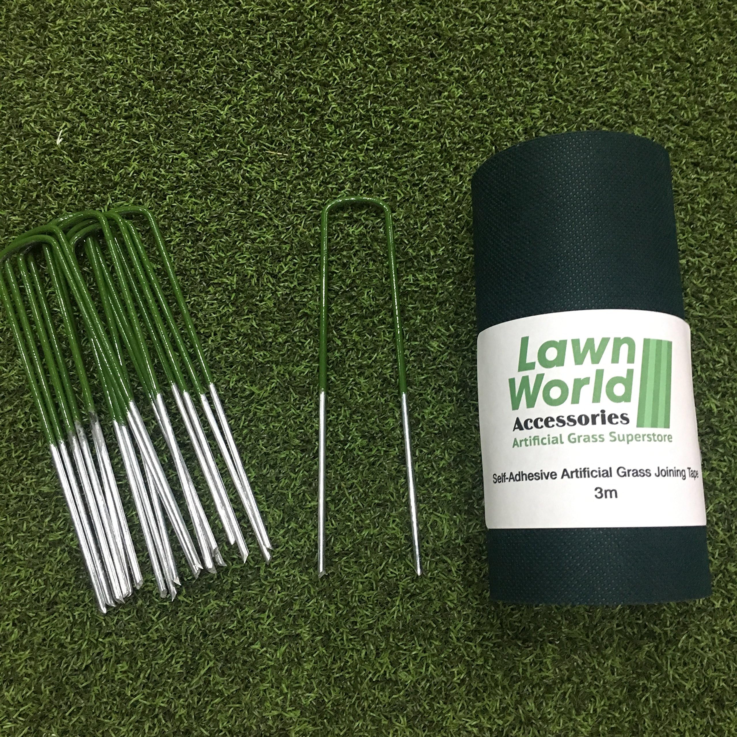 Lawn World Artificial Grass Turf Tape Self Adhesive 3m & 10 Half Green U Pins Staples Fixing Galvanised Metal Pegs Garden 150mm x 30mm x 3mm