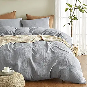 SE SOFTEXLY Muslin Duvet Cover King Size, 100% Washed Cotton Duvet Cover Set, Ultra Soft Comforter Cover Linen Like, 3 Pieces Minimalist Gauze Duvet Cover with 2 Pillowcases, 90"x104", Light Grey