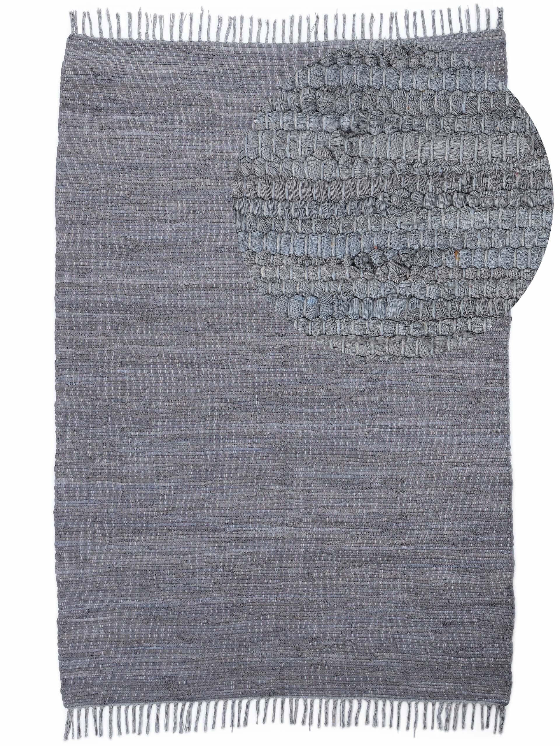 carpetfine Flickenteppich Kelim Chindi Uni Hellgrau 190x290 cm, handgewebt | Fleckerlteppich aus Baumwolle für Wohnzimmermit Fransen