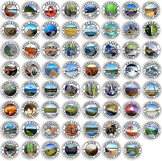 Sheet of 63 Round: 1 inch Tall National Park Stickers (All Outdoor Decal US Vinyl RV Travel Decals for Cars Laptops, Scrapbooking, and Cell Phones)