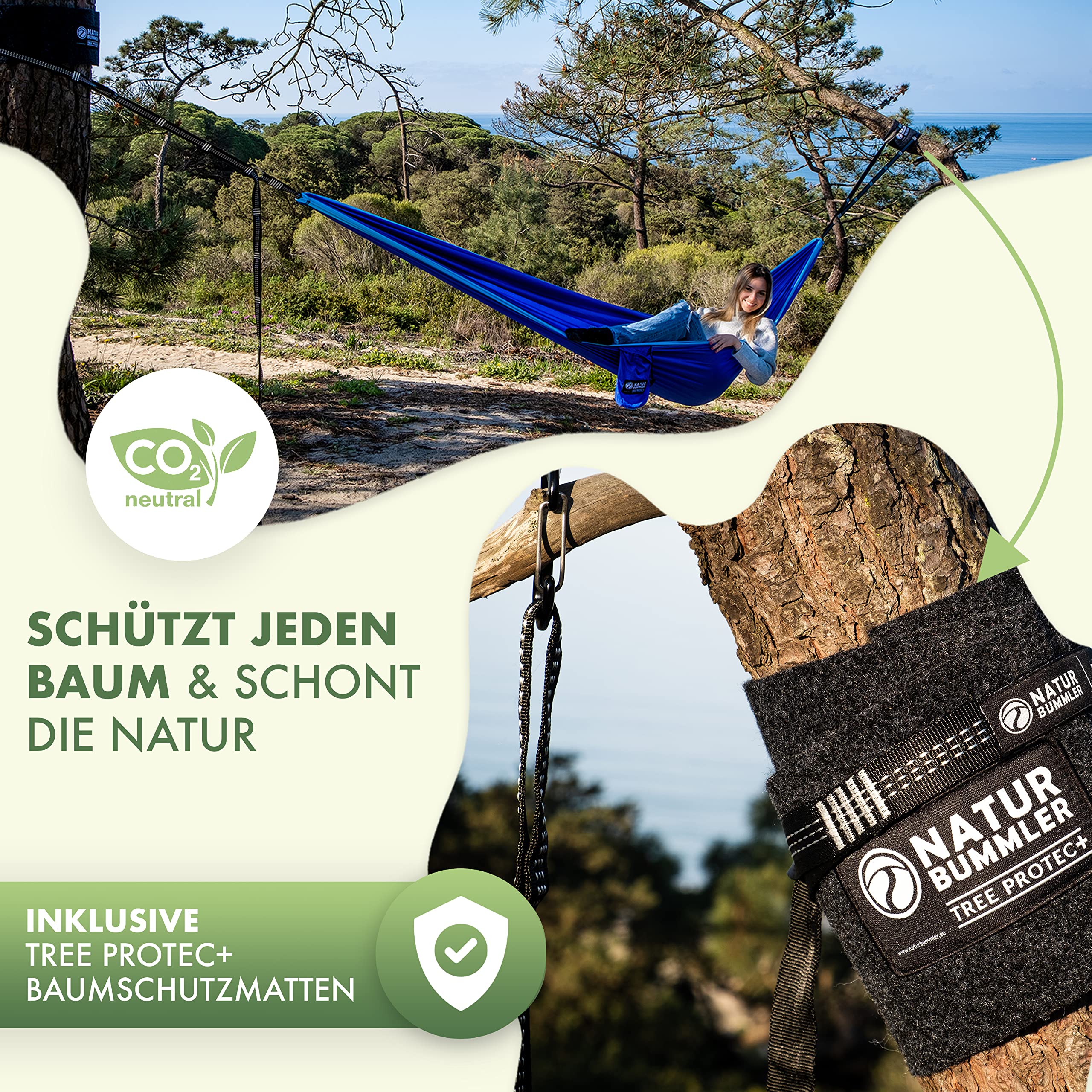 Naturbummler ® Amaca per esterni 300 x 170 cm [CO2 neutro e certificato TÜV] con tappetino protettivo per alberi – doppio strato di seta per paracadute fino a 2 persone, portata 300 kg (blu marino)