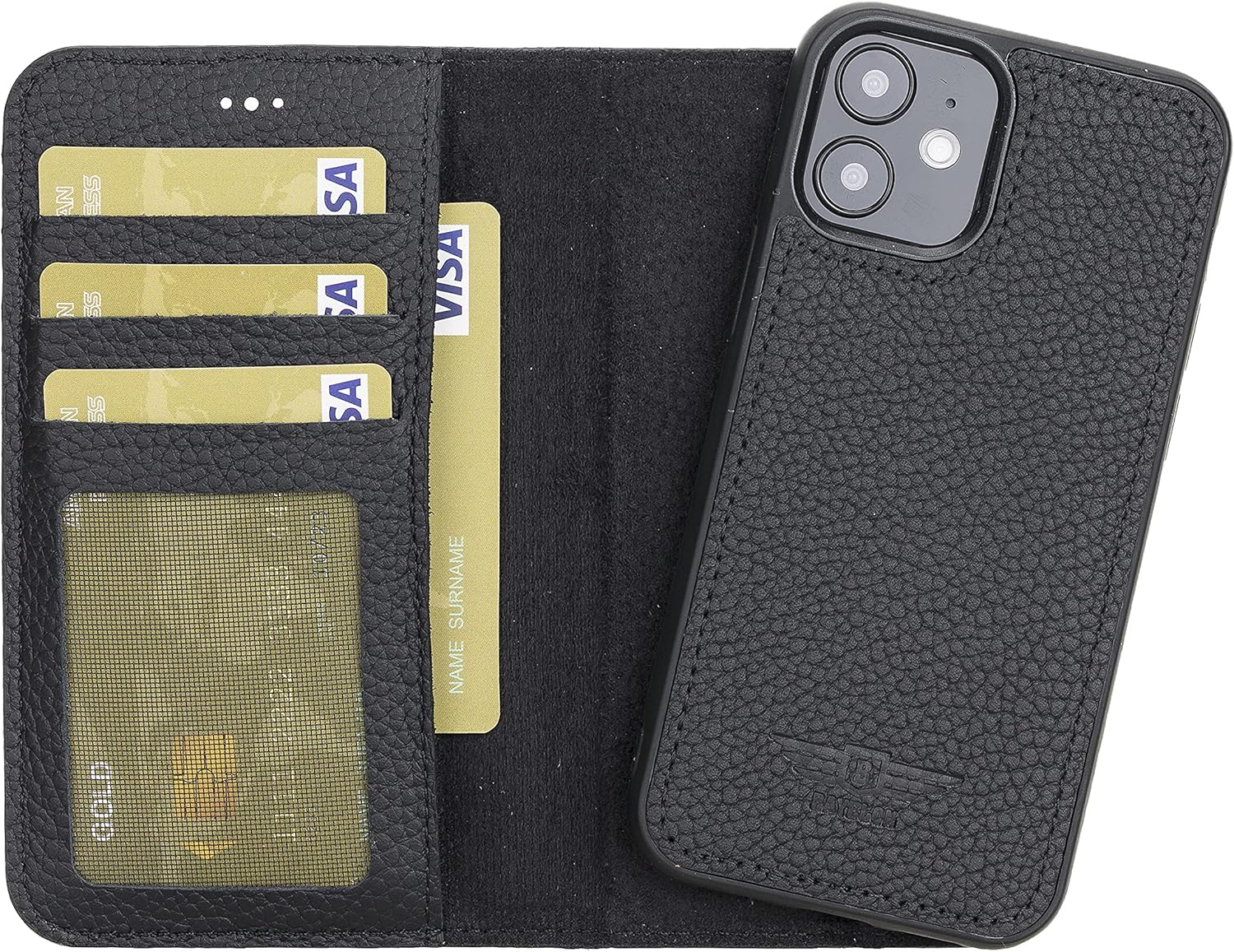 Bayelon Genuine Leather Wallet Case Compatible with iPhone 12 Mini 5.4" - 2-in-1, Detachable Magnetic Flip Cover with Card Slots, Kickstand Function, Durable Frame (Floater Black)