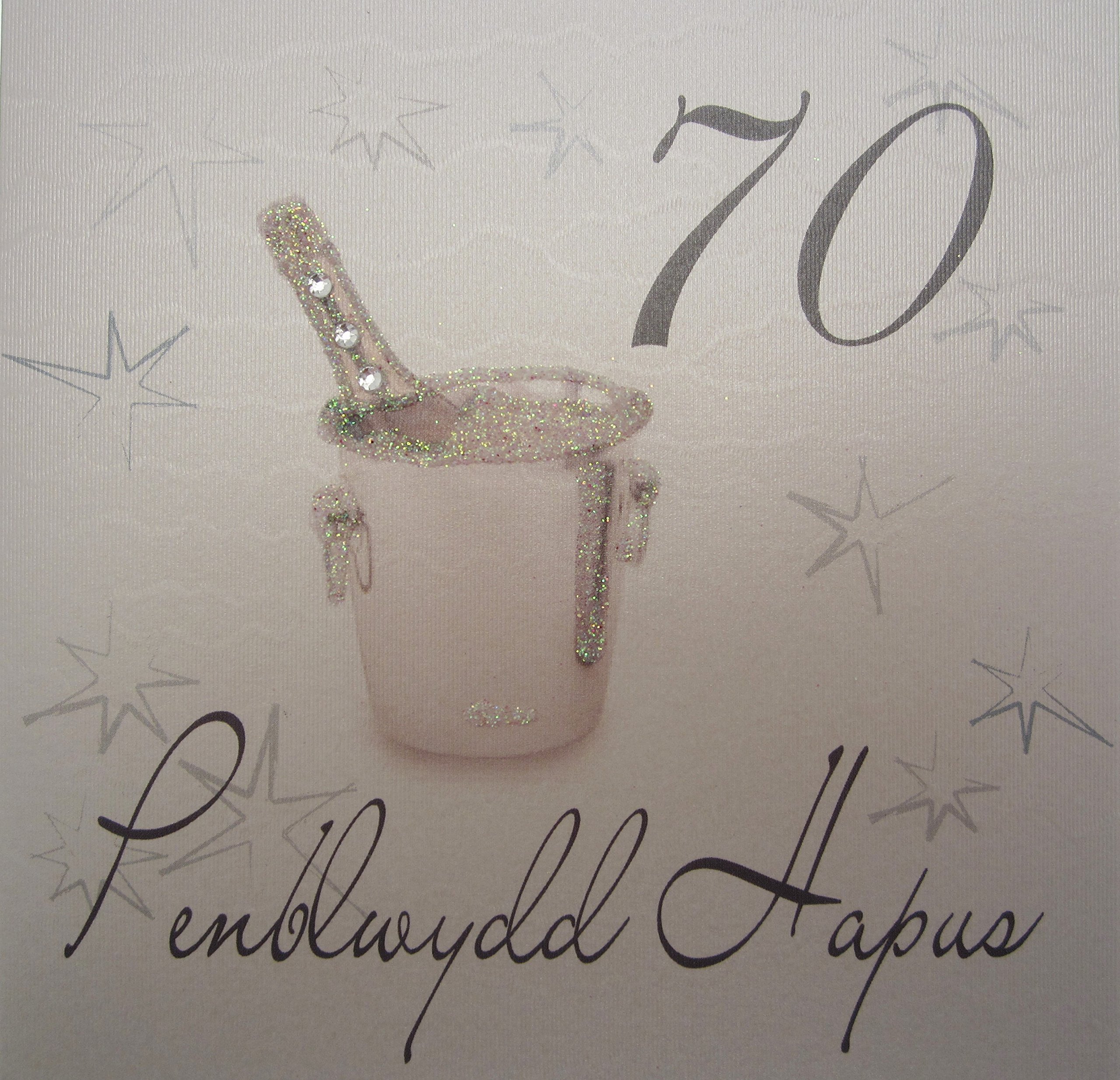 WHITE COTTON CARDS Penblwydd Hapus 70, Handmade Welsh Card (70th Champagne Bucket)