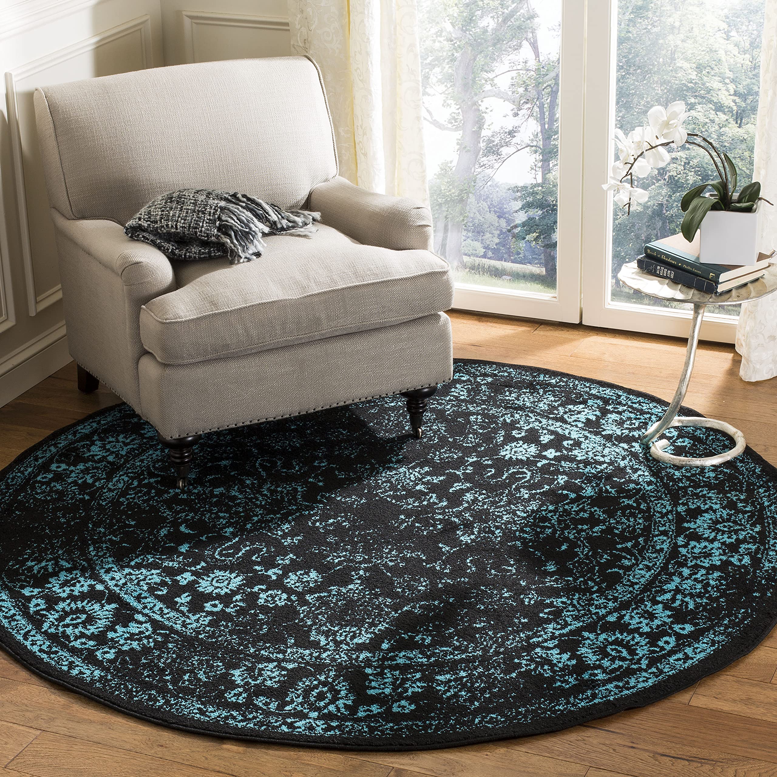 SAFAVIEH Adirondack Collection Area Rug - 6' Round, Black & Teal, Distressed Vintage Floral Design, Non-Shedding & Easy to Clean, Ideal for Living