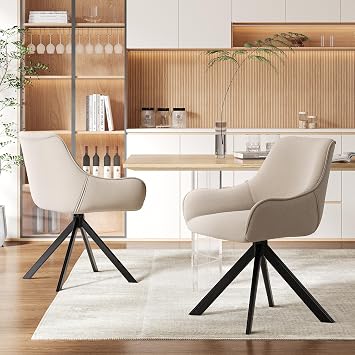 Swivel Dining Chairs Set of 2, 360° Swivel Kitchen Chair for Living Room with Armrests, Upholstered, Metal Leg, Beige
