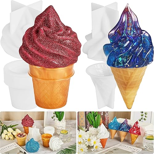 ISSEVE Kit de 4 moldes de silicona de resina de helado 3D, moldes de silicona para resina que incluyen molde de cono de helado, molde de crema