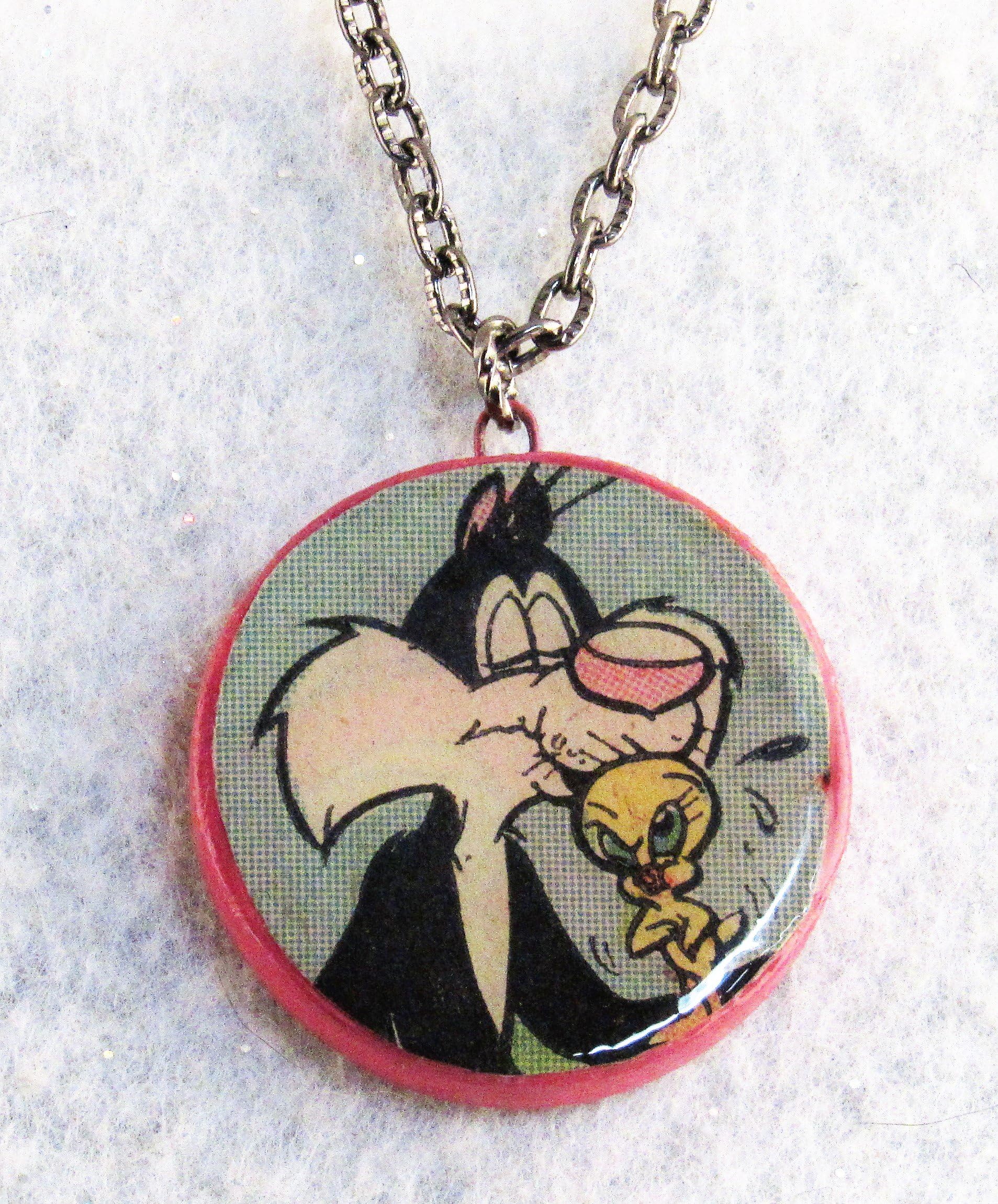 1.25" Comic Book Pendant Necklace Tweety Bird and Sylvester the Cat Cartoon Characters Pop Culture Jewelry OOAK Ceramic Clay Art