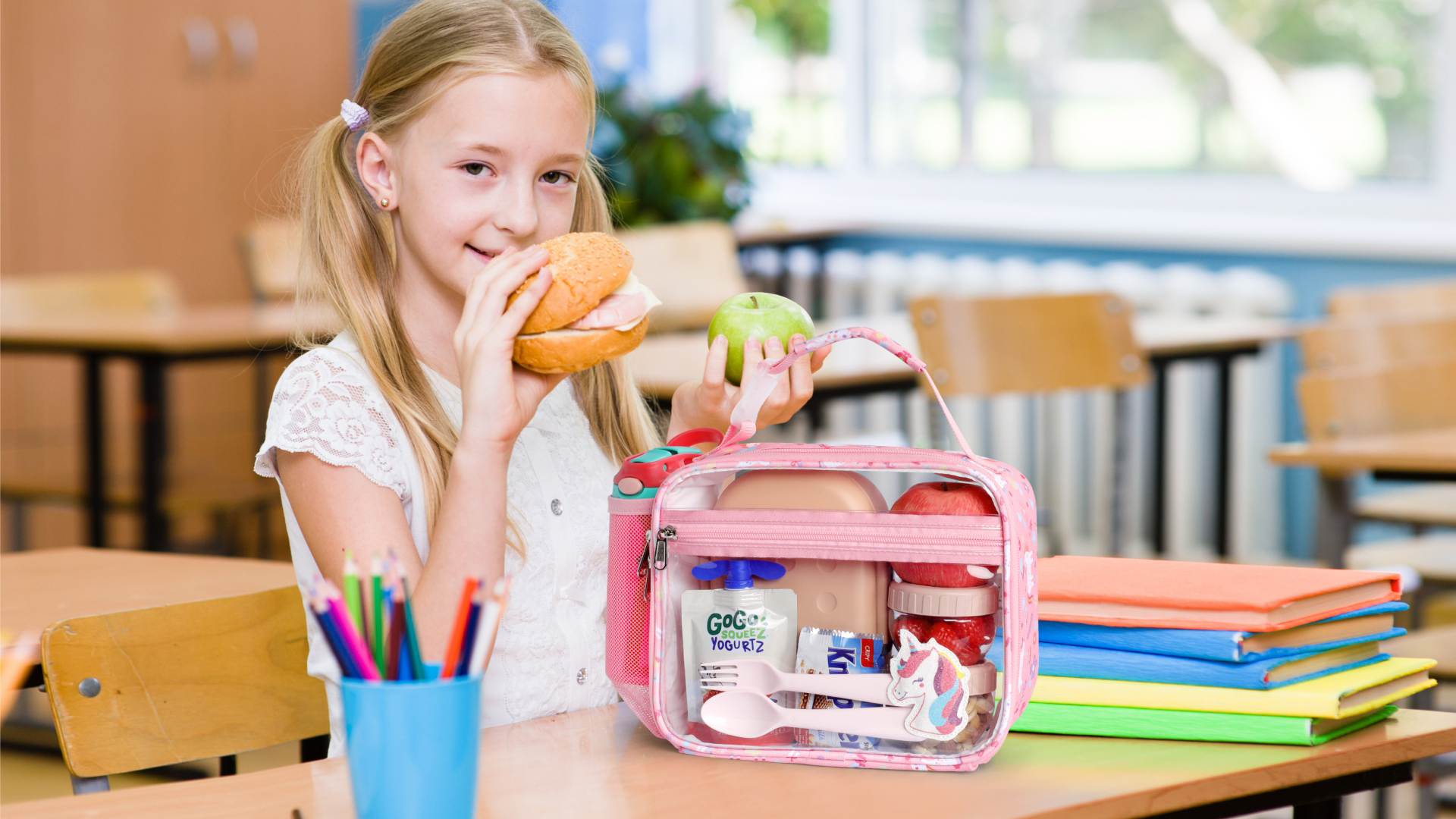 Bagseri 2 Packs Clear Kids Lunch Bags – Transparent Reusable Snack Bag With Water Bottle Holder (Pink Unicorn & Black Dinosaur)