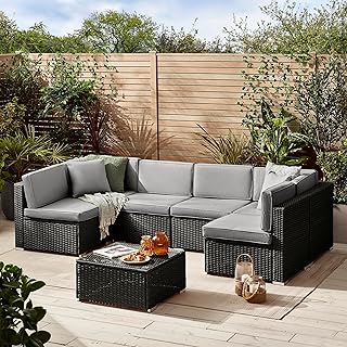 Black Rattan Garden Sofa with Dark Grey Cushions 6 Seater Outdoor Sofa and Glass Top Coffee Table - Contemporary & Comfortable