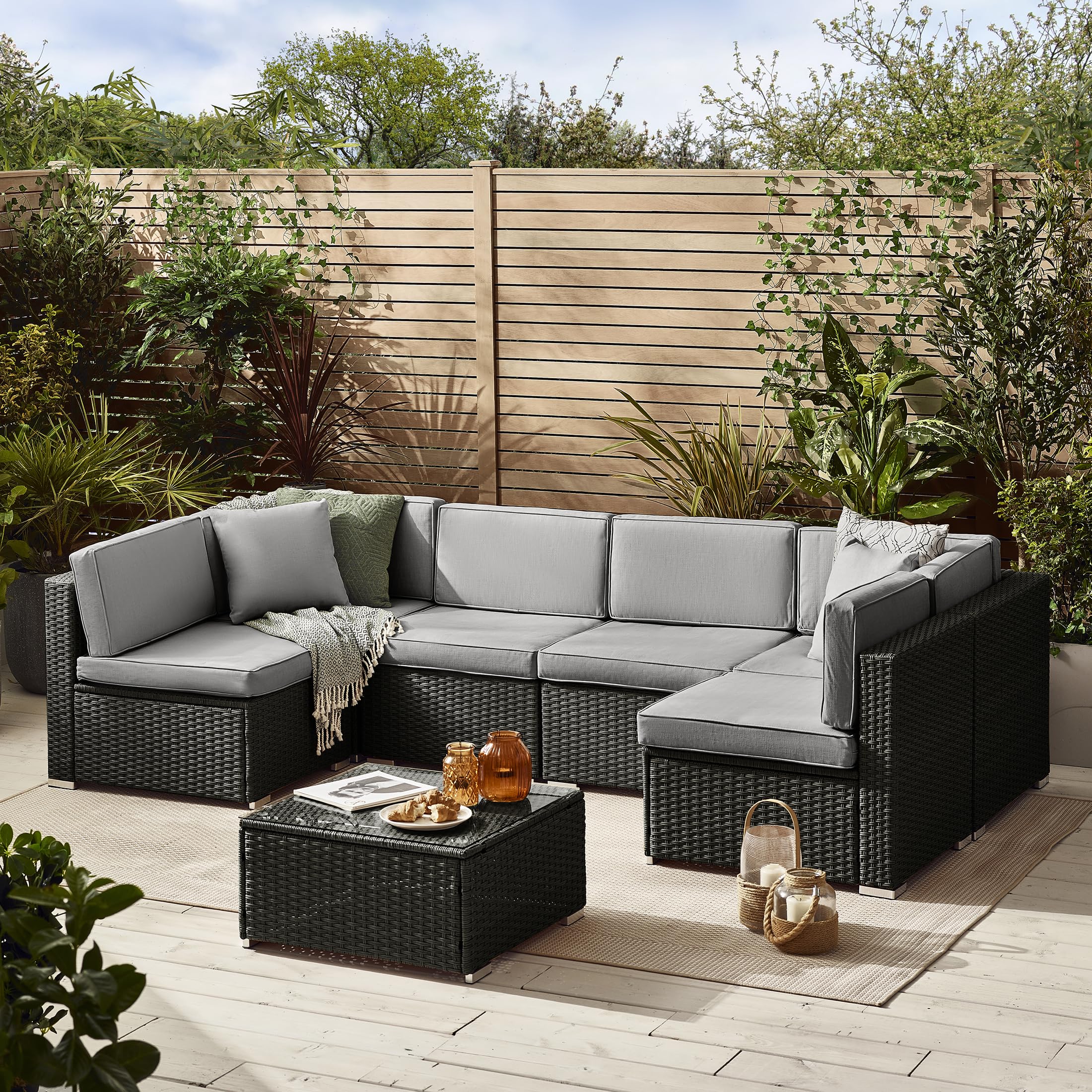 Furniturebox UK Black Rattan Garden Sofa with Dark Grey Cushions 6 Seater Outdoor Sofa and Glass Top Coffee Table - Contemporary & Comfortable