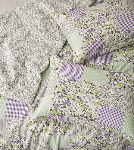 Miniatura 4 de Chezmoi Collection Daisy - Juego de edredón de retazos estampado de 3 piezas, diseño a rayas de caramelo botánico de mariposa morada, a cuadros,