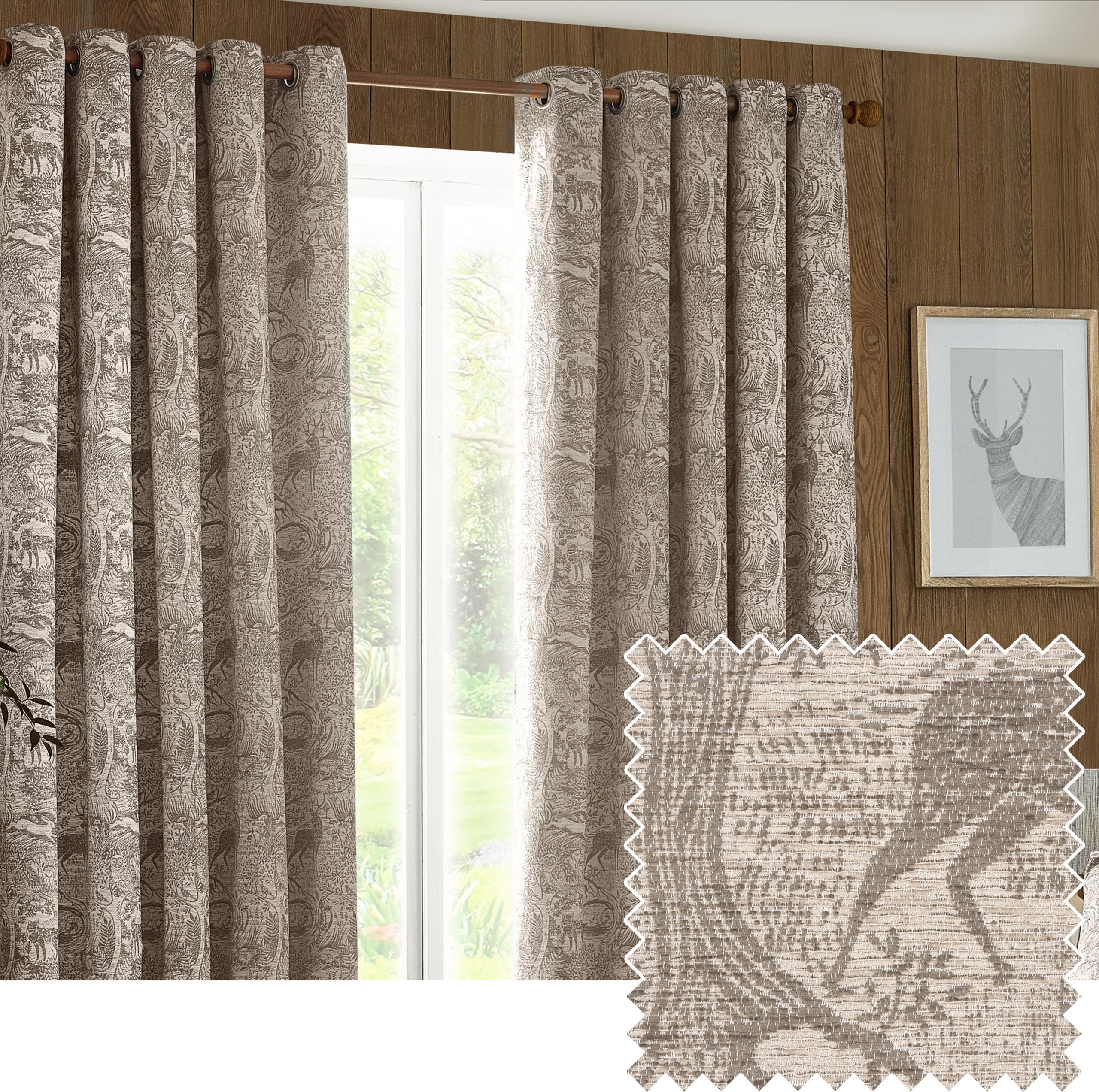 furn. Winter Woods Animal Chenille Jacquard Eyelet Curtains - 2 Panels - Width x Drop - 229 x 229cm (90 x 90) - Taupe