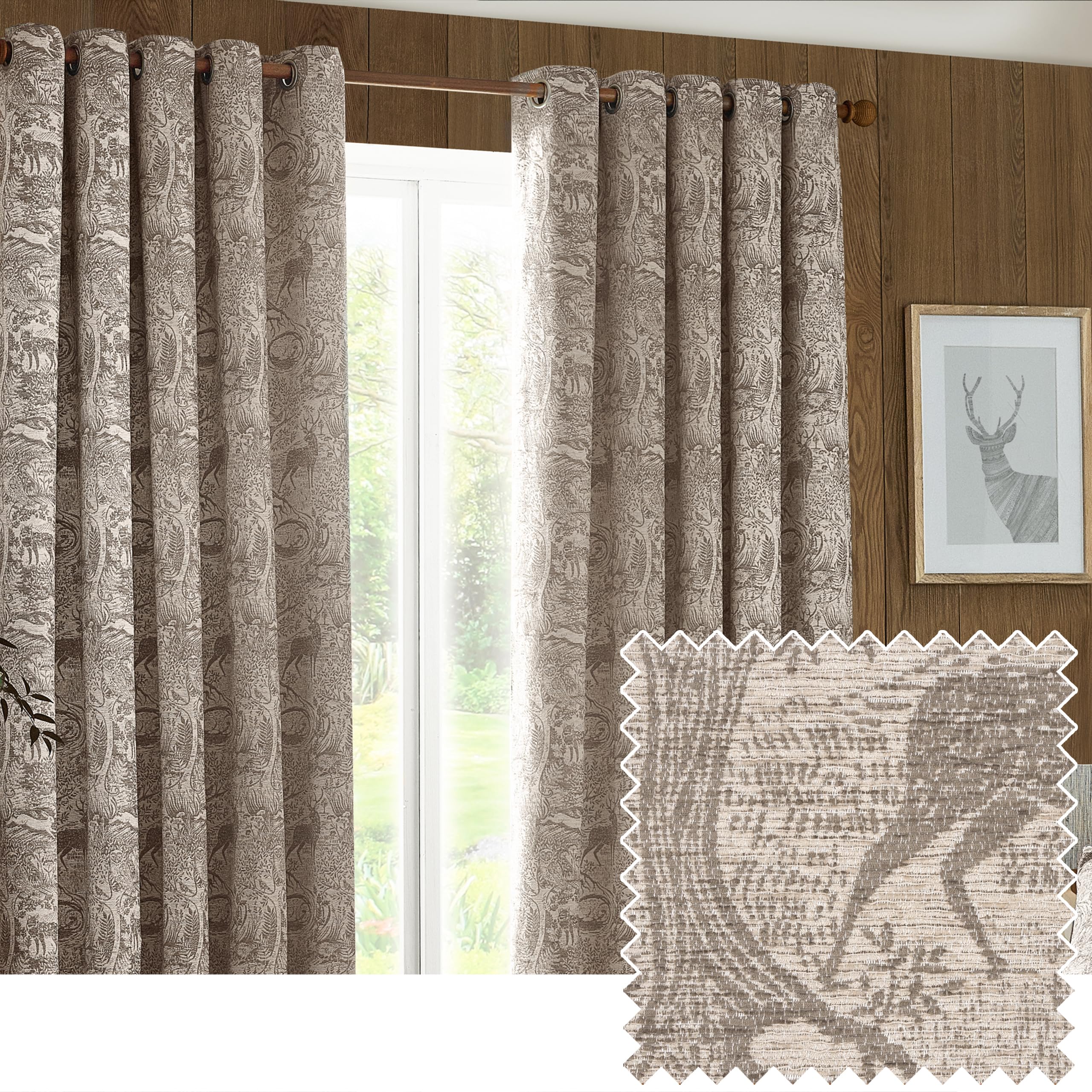 furn. Winter Woods Animal Chenille Jacquard Eyelet Curtains - 2 Panels - Width x Drop - 229 x 229cm (90 x 90) - Taupe