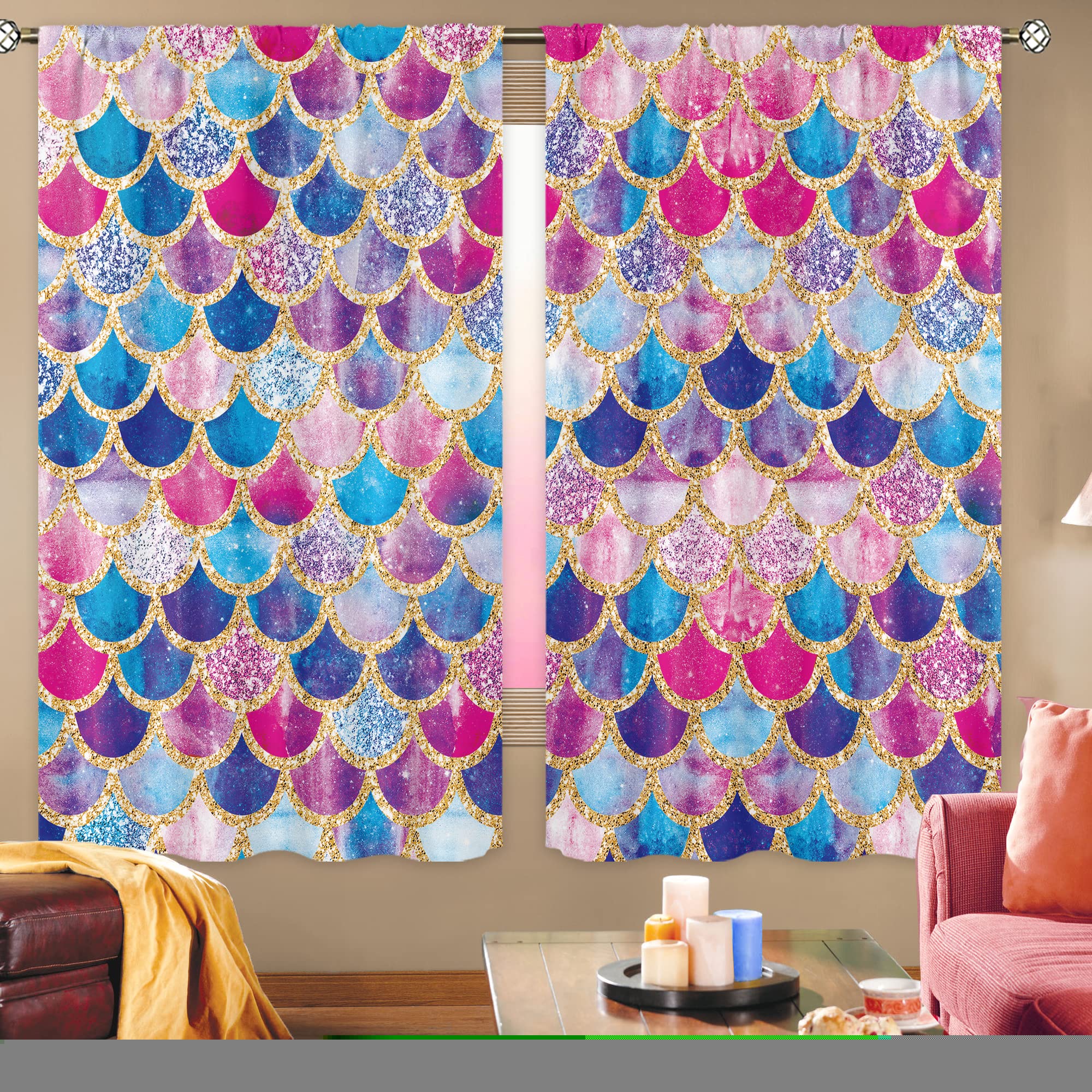 Mitpok Mermaid Small Curtains for Girls Bedroom Fish Scale 27.5W x 39H Inches Rod Pocket Rainbow Girly Lilac Colorful Purple Pink Blue Ocean Nursery Panels Window Treatment Set for Living Room Decor