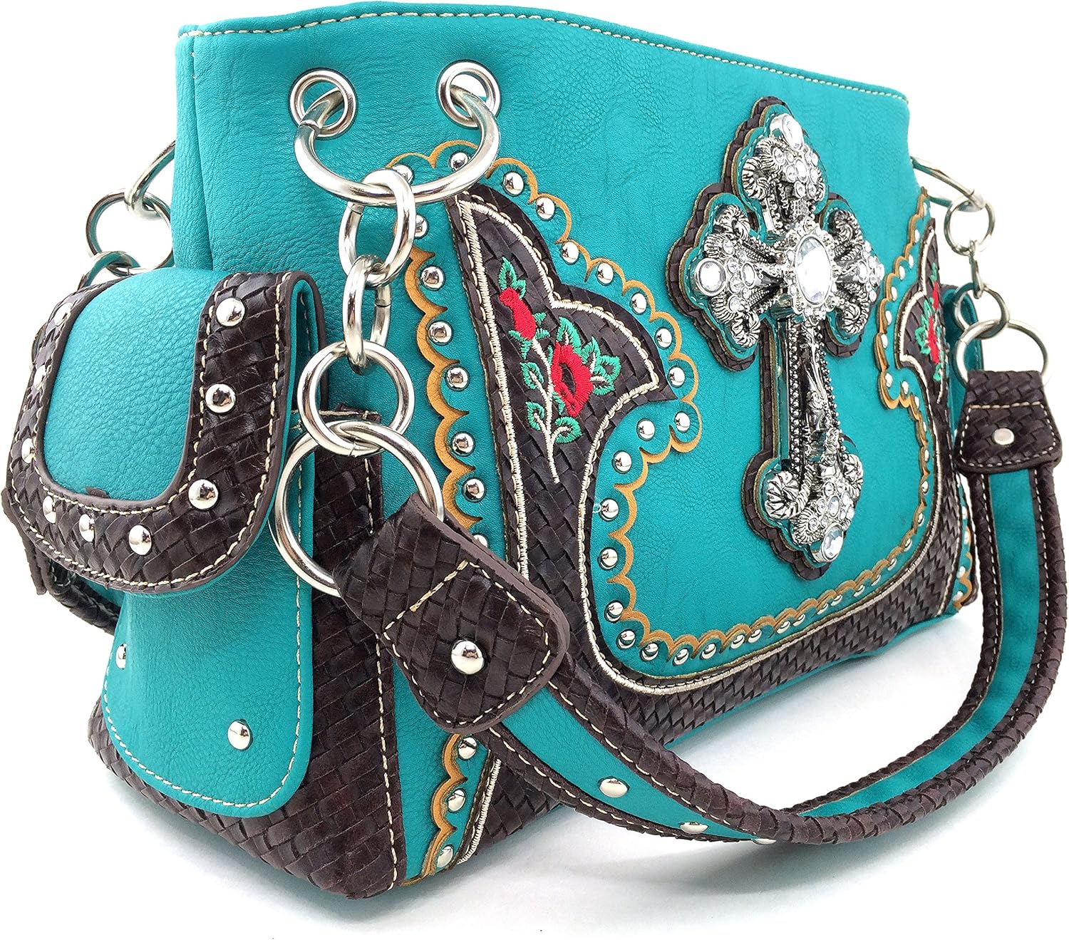 Justin West Turquoise Cross Flowers Leather Weaved Concealed Carry Handbag Purse