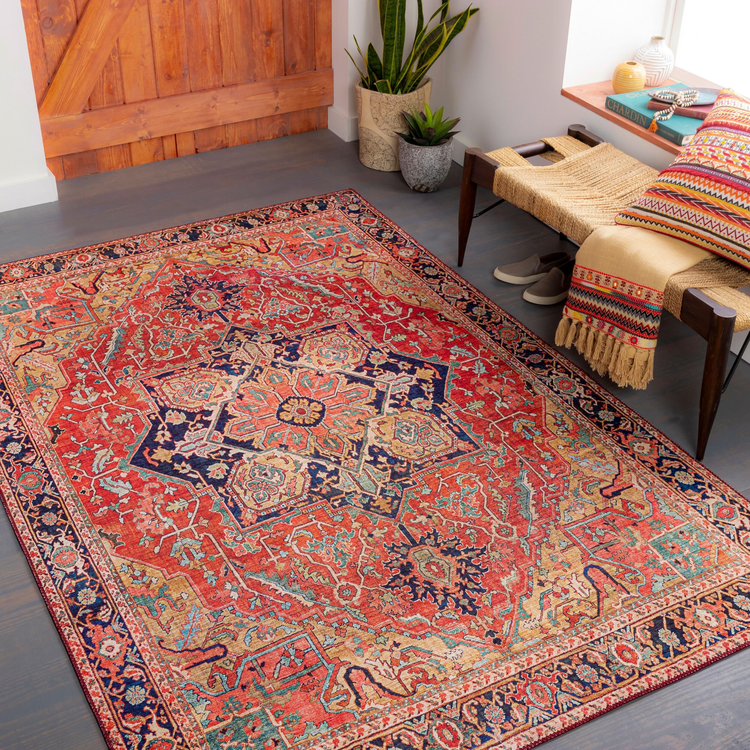 Livabliss Alfons Medallion Oriental Area Rug,5' x 7'6",Red/Gold