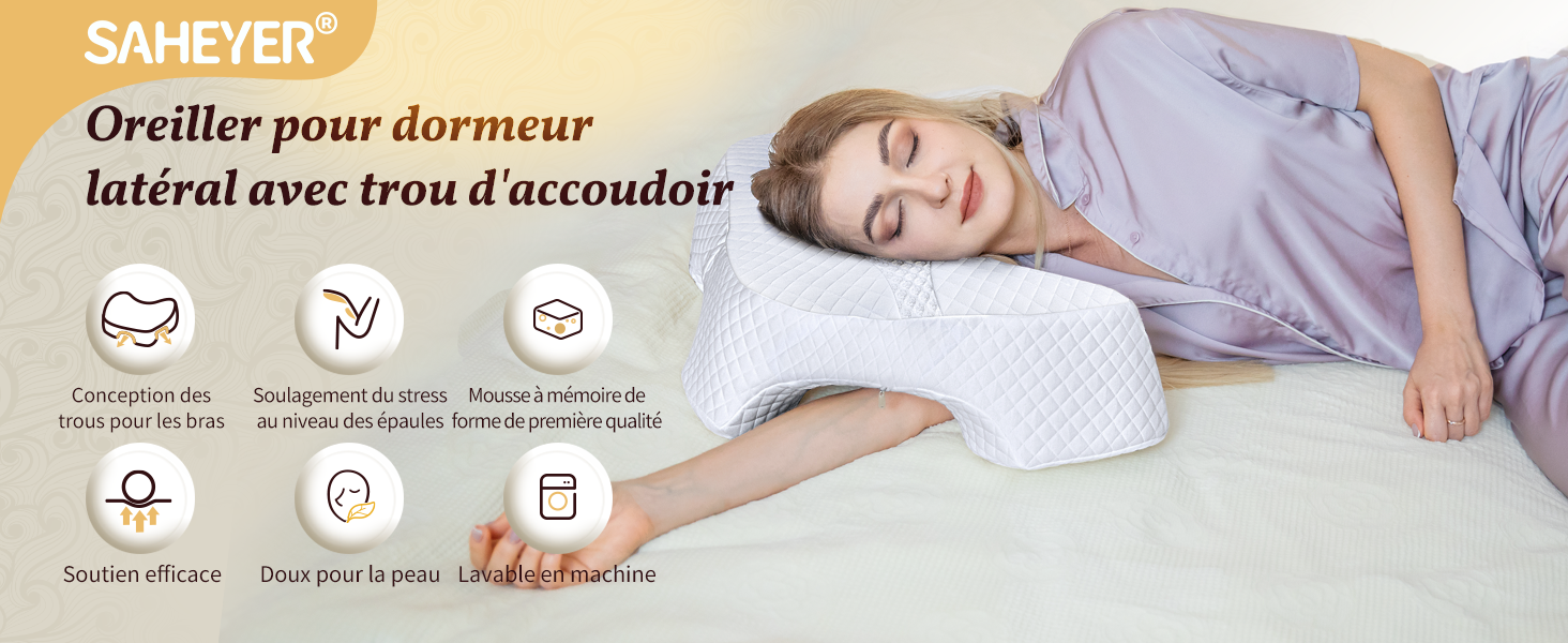 Oreiller Latéral Avec Trous Pour Les Bras - Mousse Mémoire CertiPUR - Pour Dormir Sur Le Côté, Dos Ou Ventre - Confort Et Soulagement Des Douleurs