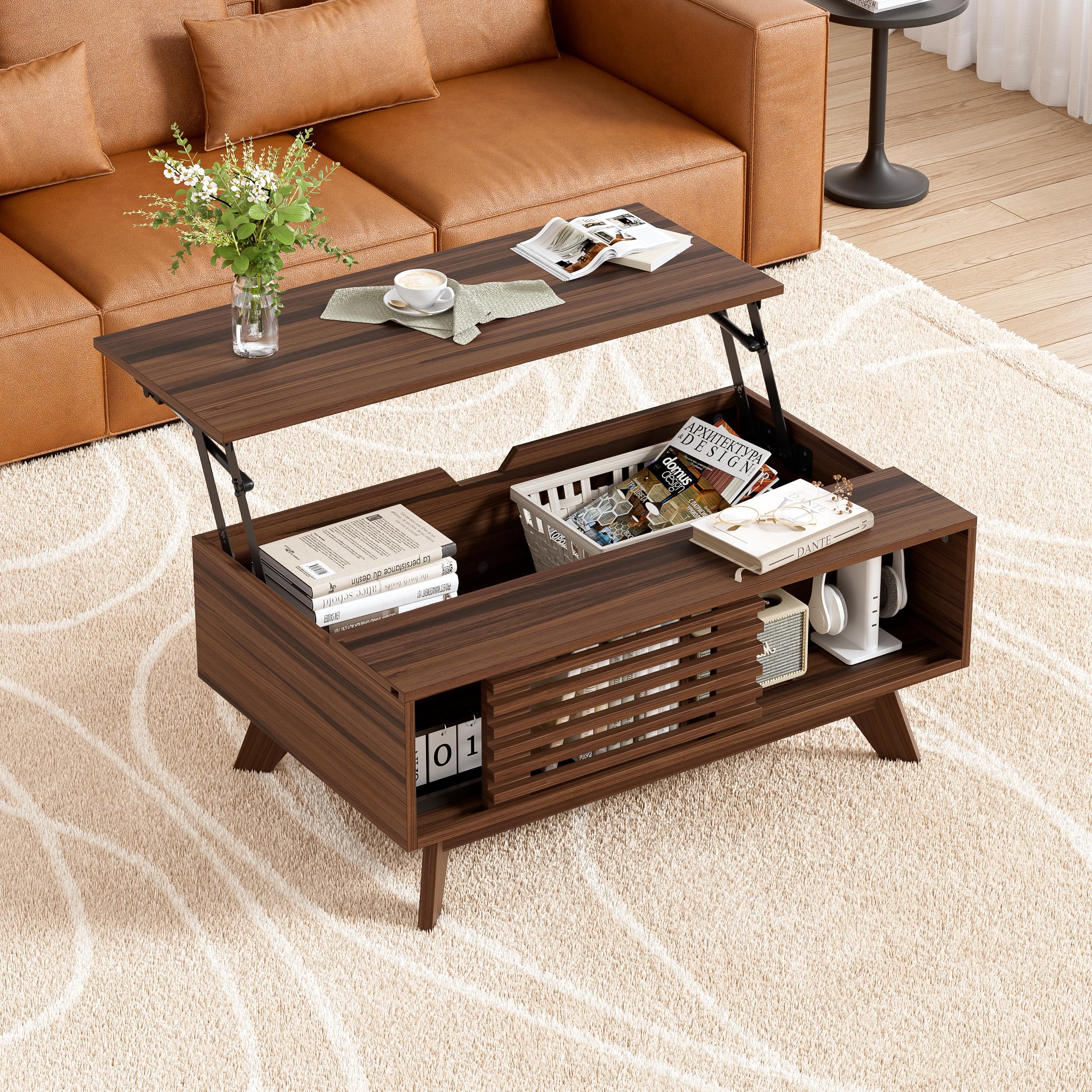 MSFE Mesa Centro Elevable, Mesa Elevable con Espacio de Almacenamiento y Extensión, Mesas de Café para Salón, Retro Medieval Mesas, Marrón Vintag