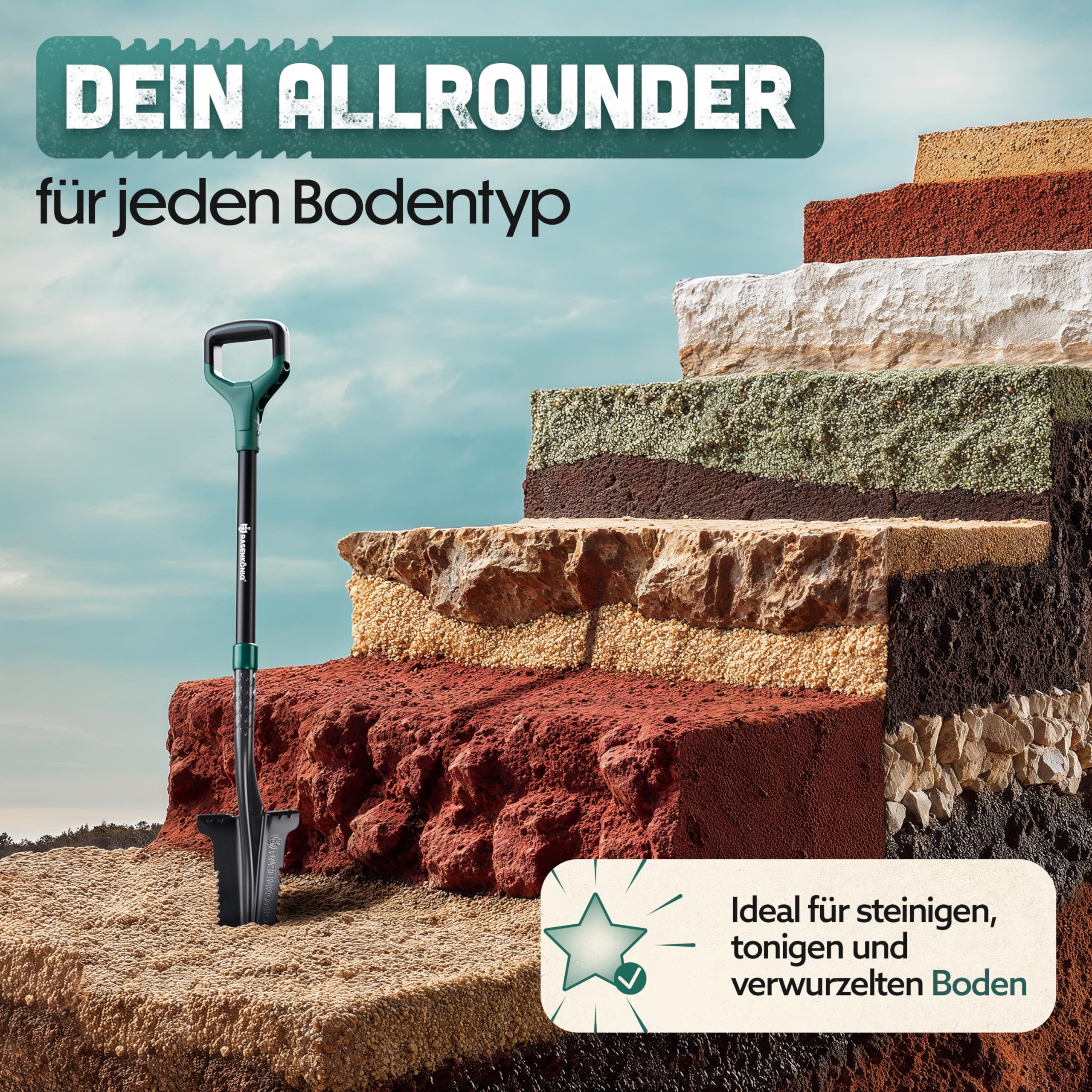 Spaten mit Wurzelsäge Pro [Massivstahl] Wurzelspaten für die Gartenarbeit | mit 20 Sägezähnen, ergonomischem Griff & breiter Trittkante | Stabiler Gartenspaten für leichteres Graben