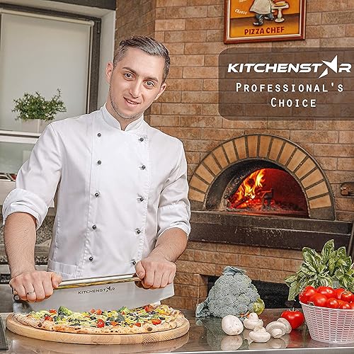 Miniatura 4 de KitchenStar - Cortador de pizza de 14 pulgadas, cuchillo afilado de acero inoxidable, estilo rockero con cubierta de hoja y cáscara de pizza de