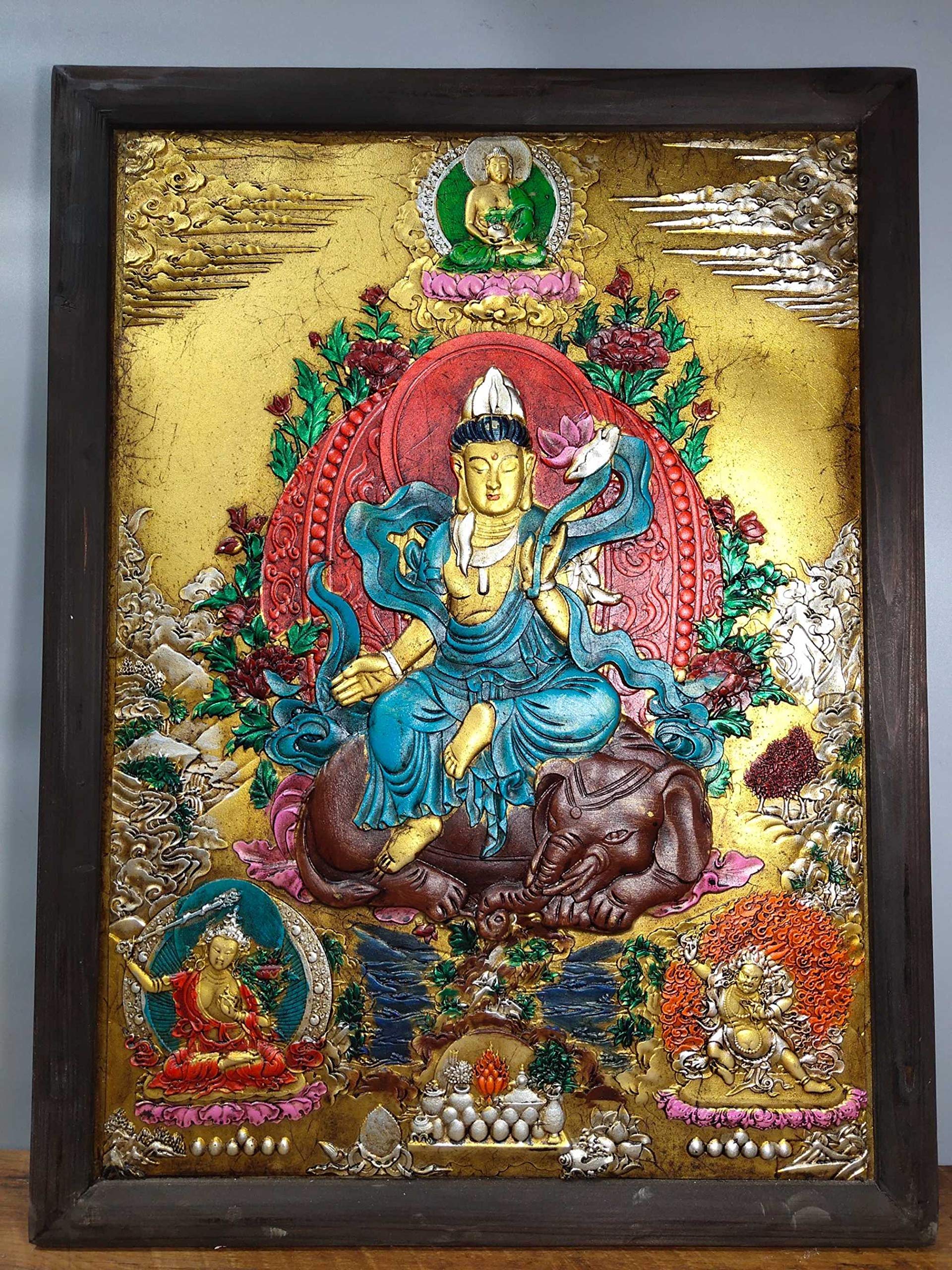 Home Decor 28" Tibet Buddhism Old Bronze Wooden Frame Painted Thangka Samantabhadra Statue Worship Amulets ThangkasStatue SurongL