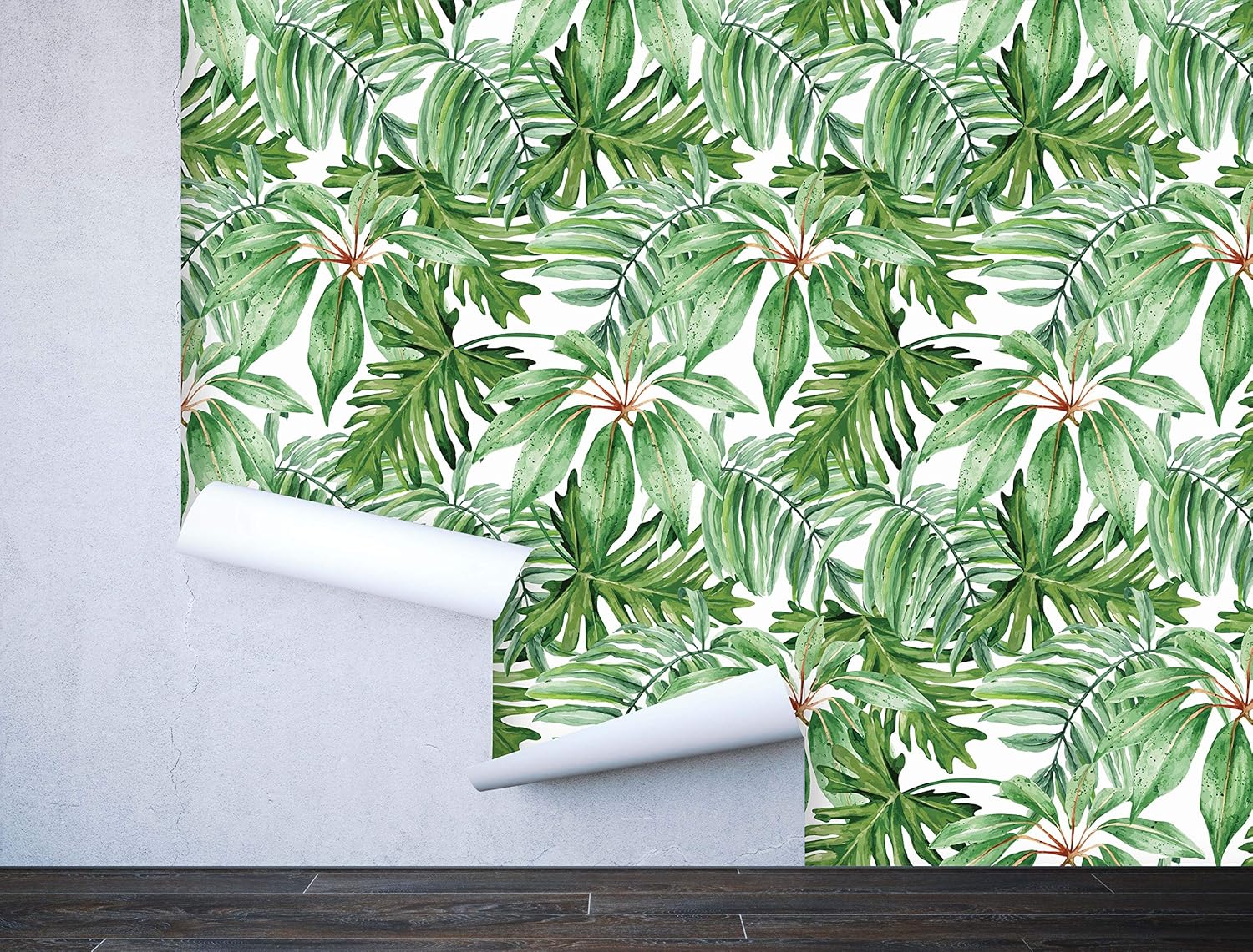 Removable Peel 'n Stick Wallpaper, Self-Adhesive Wall Mural, Watercolor Tropical Pattern, Nursery, Room Decor, Custom Colors • Jungle Leaves (24" W x 60" H Inches)