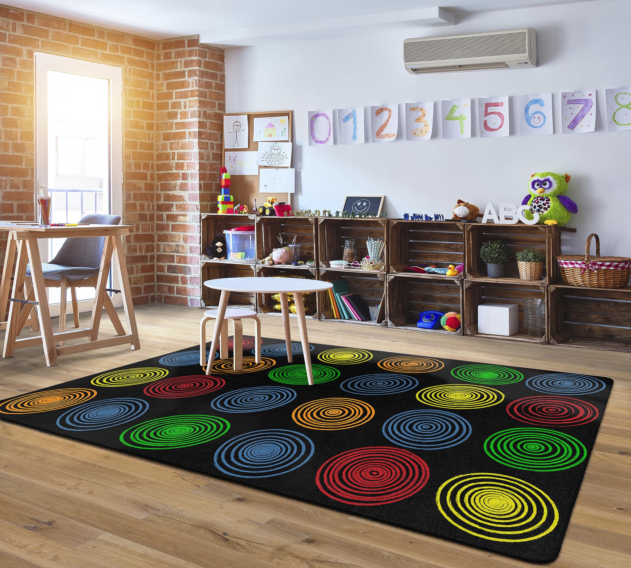 7'6" x 12' Flagship Carpets Circles Abstract Educational Area Rug for Kids Room Seating Décor, Children's Classroom, Play Carpet for Teaching and Playroom, Seats 24, Black & Multi Color