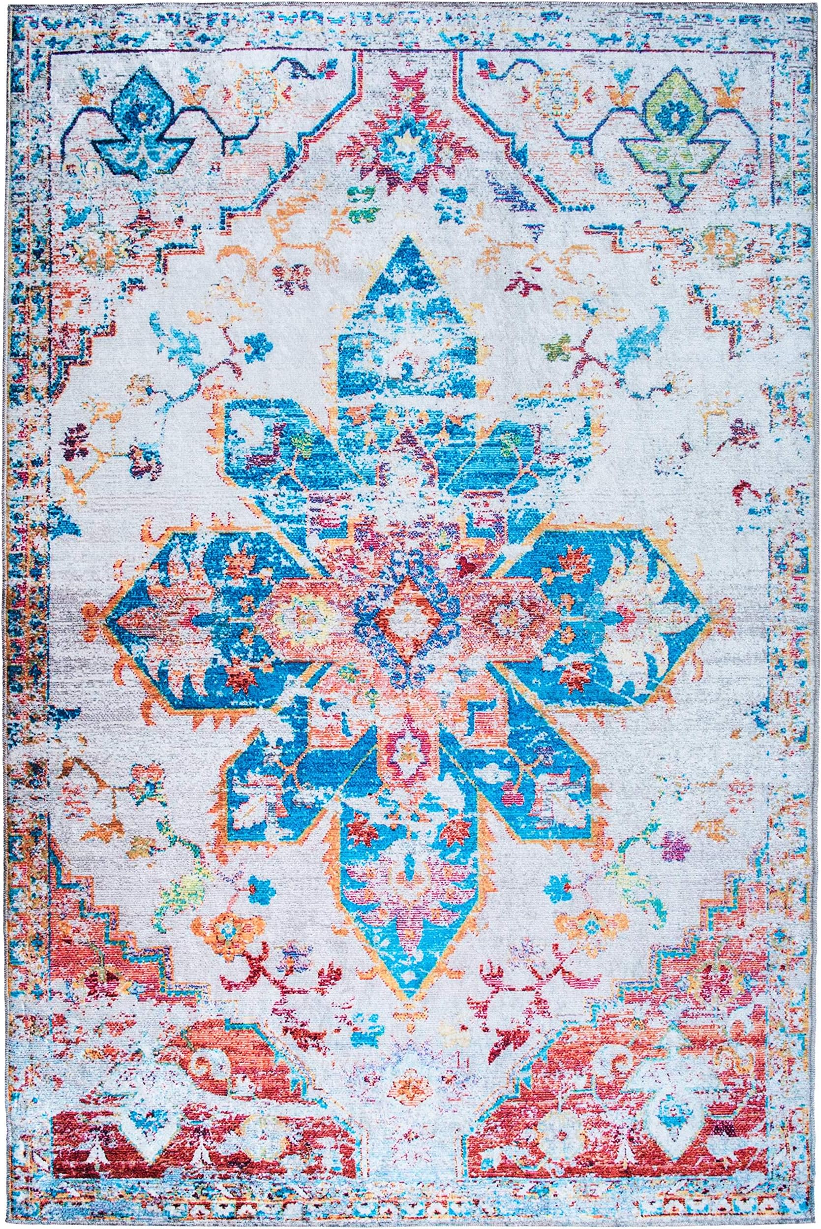 Mylife RugsTraditional Vintage Non Slip Machine Washable Medallion Distressed Printed Area Rug, Multicolor 3'x5'