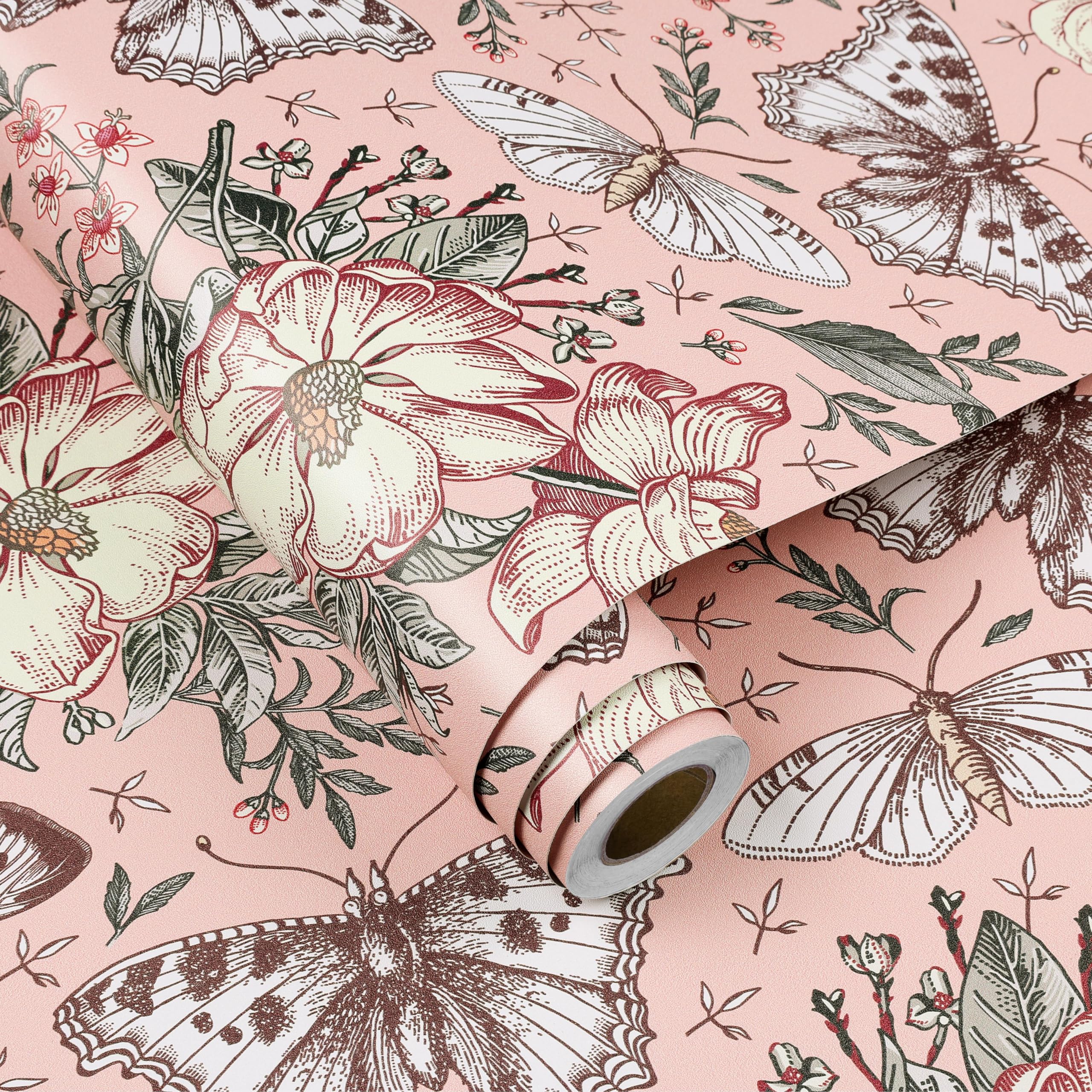 FunStick 44.5CMx9M Papel Pintado Autoadhesivo Flores Rosa Mariposas Revestimiento Armarios Cocina Niñas Impermeable Papel Tapiz Floral Mariposa Botánica Estantes Comedor Vinilo Adhesivo Muebles Rosa