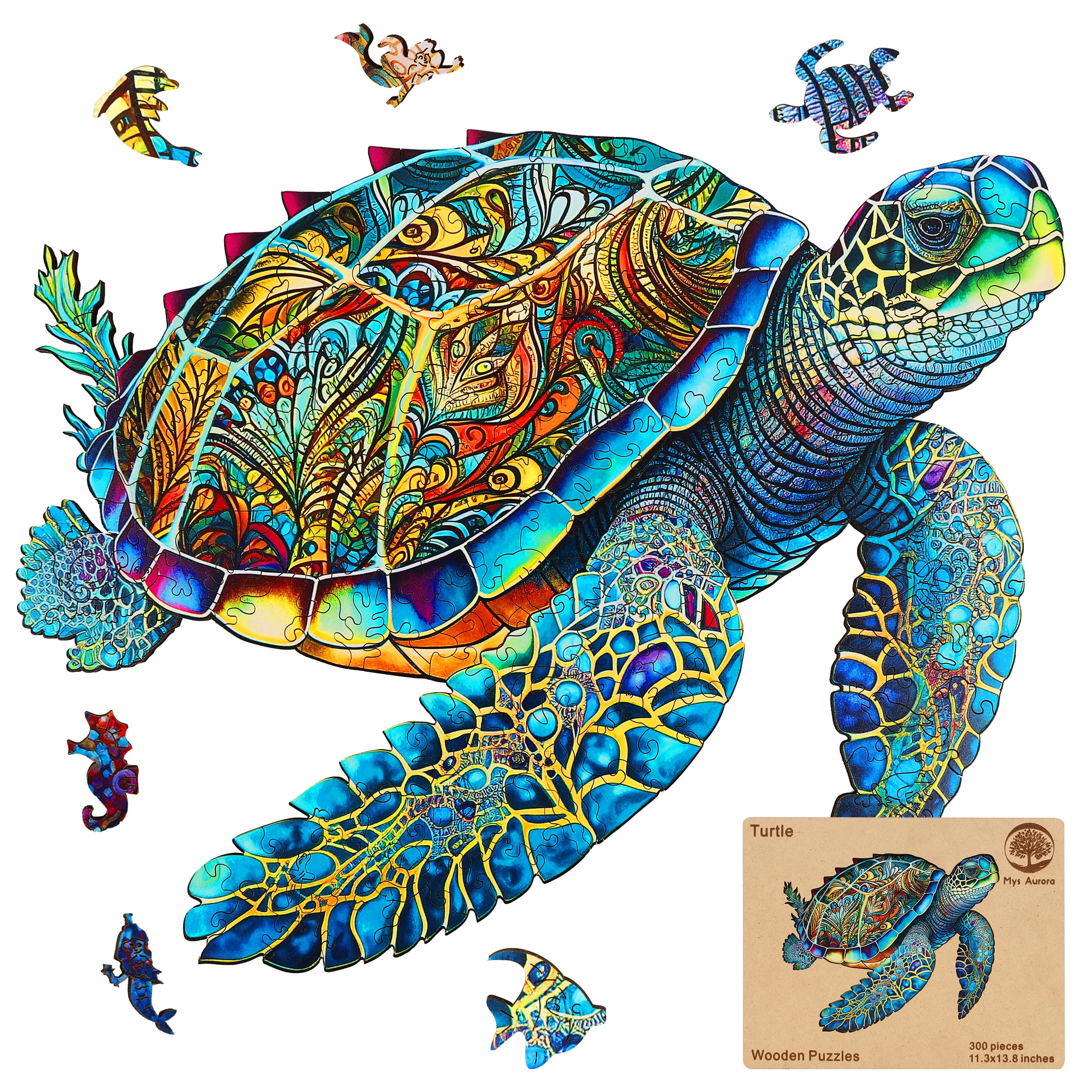 Wooden Jigsaw Puzzle, Sea Turtle 200 Pcs Unique Shape, Medium Size 9.2''x11.2'' Letter, Wood Gift Box Packing, Creative Gift for Adults and Kids, Fun Challenging Family Game