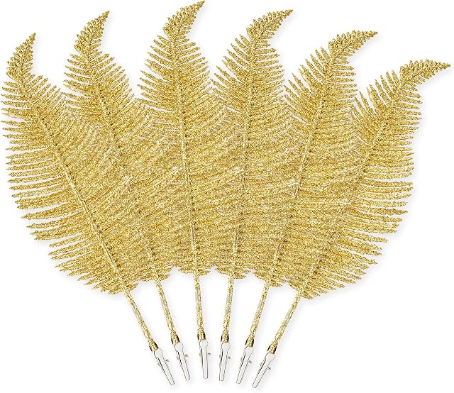 Pack of 6 Christmas Glitter Feathers  Silver, White or Gold, 22cm, Clip on Feather Decorations, Christmas Tree Baubles, Glittery Ornaments, Xmas Home Décor (Gold)