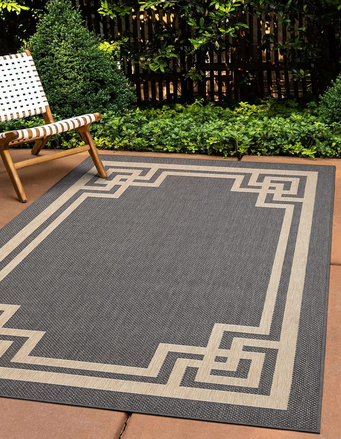 Modern Bordered Indoor Outdoor Area Rug Weather Resistant Outdoor Carpet for Porch Deck Balcony Backyard Patio Rug 5x7 Gray