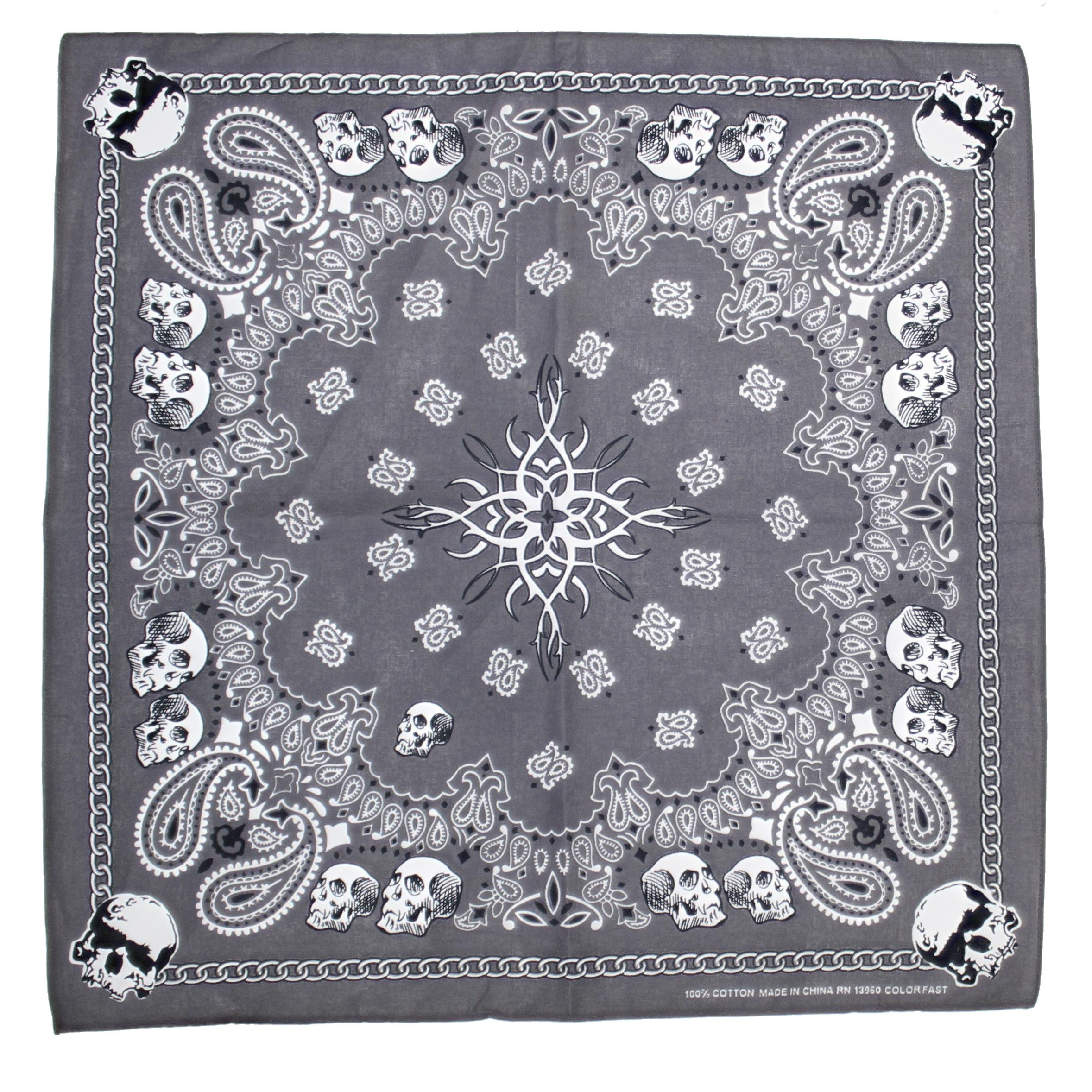 Zac's Alter Ego Skulls, Retro Paisley & Tribal Print Bandana with Chain Border