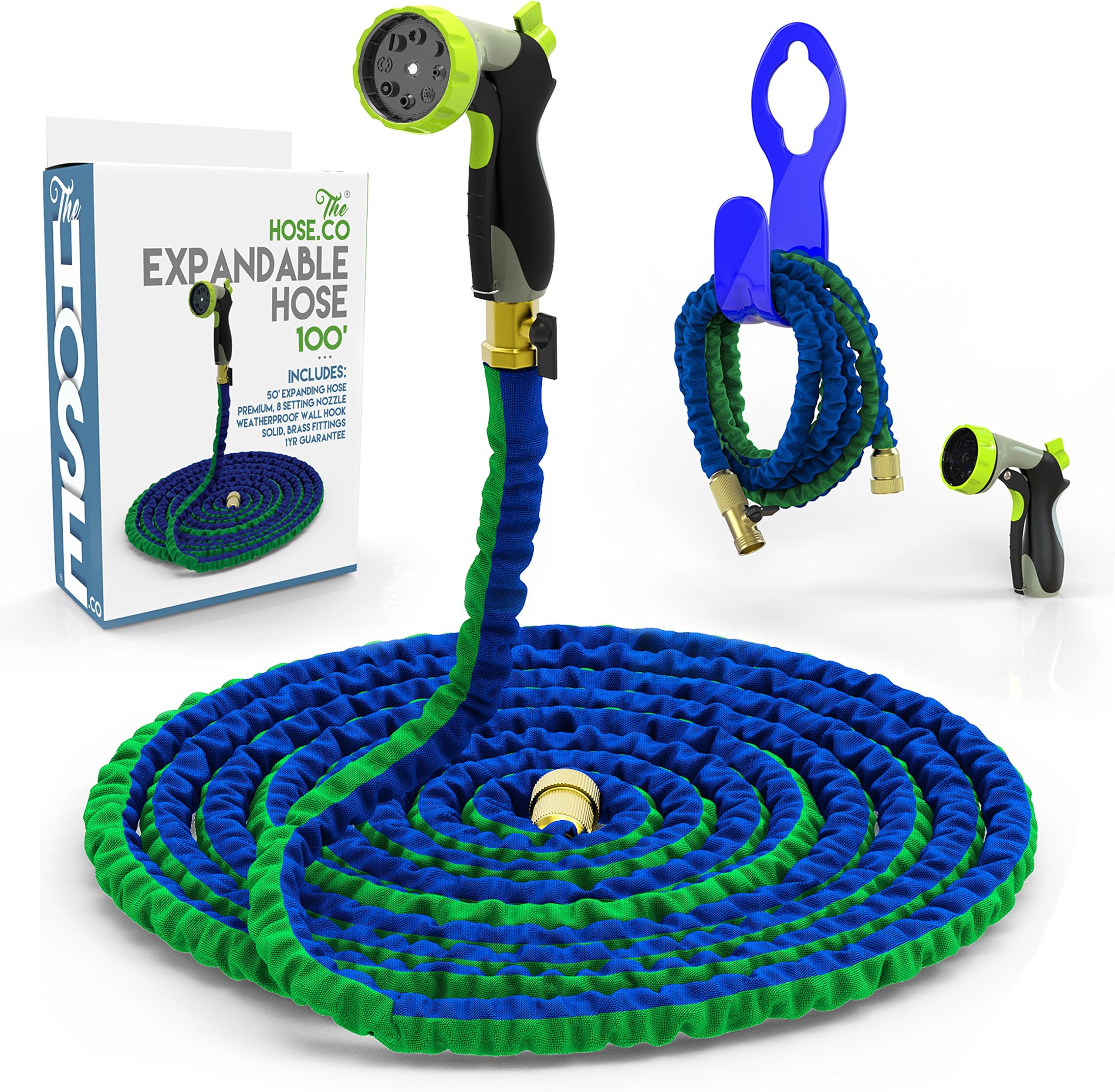 100 Ft Expandable Hose] Powerful, Portable & Proven to Last! Deluxe Expanding Garden Hose Kit: Green and Blue Double Latex KinkProof Hose, Brass Fittings, 8-Function Nozzle & Bonus Wall Hook