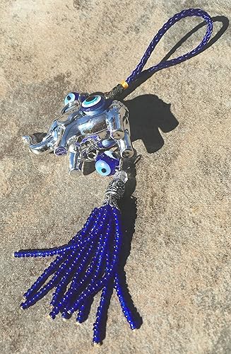 Miniatura 4 de Lucky Blue Evil Eye - Adorno colgante con dije de elefante y borla de cuentas azules, signo de fuerza, potencia, estabilidad y sabiduría, accesorios