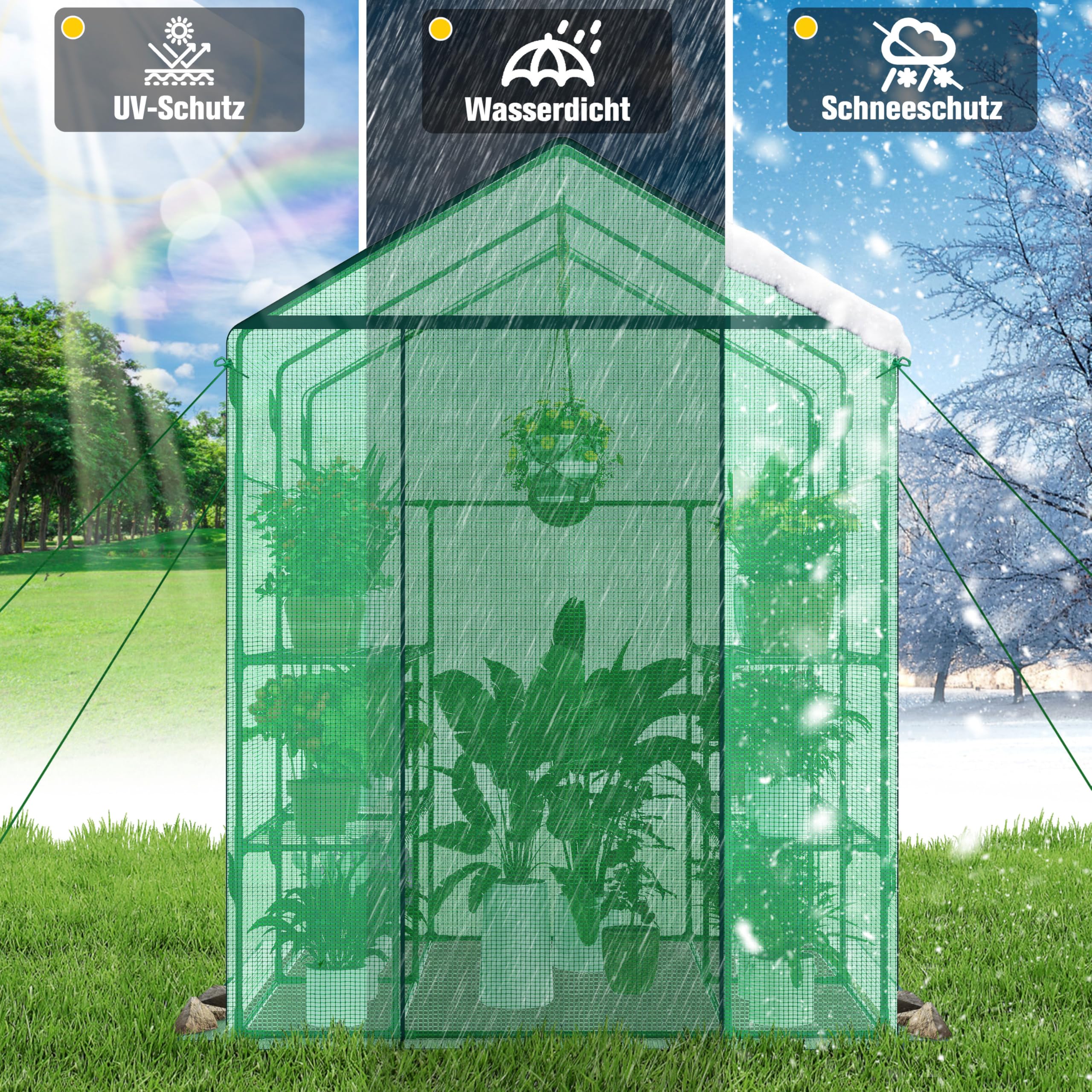 Ribelli Invernadero de plástico con Puerta Enrollable, 143 x 195 x 143 cm, 4 estantes, Resistente al Invierno, lámina de Polietileno, cobertizo de jardín para Plantas, Verduras, Flores, Verde