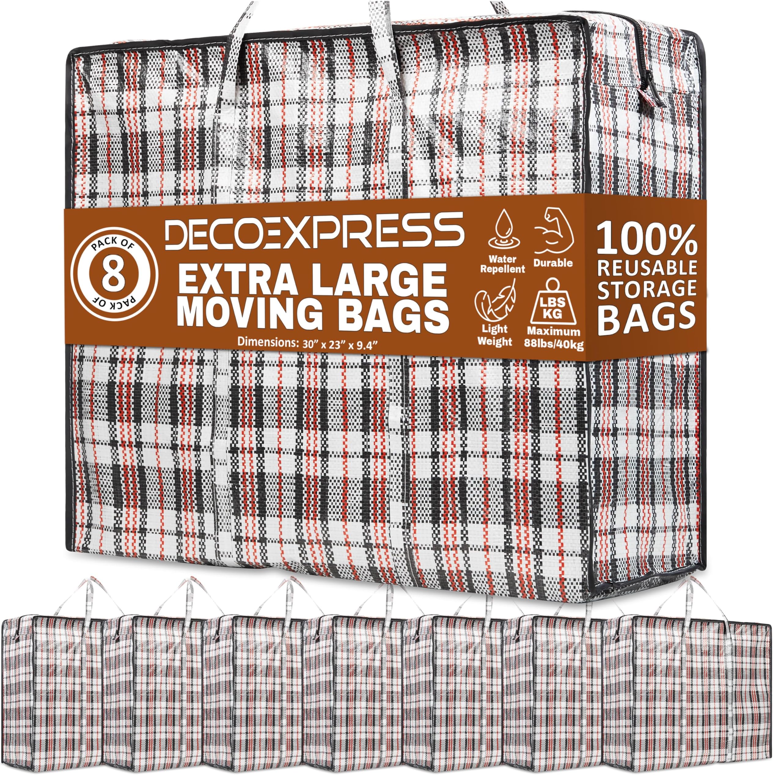 DECO EXPRESS Laundry Bags XXL, Pack of 8, 107L Strong, Durable & Reusable Extra Large Storage Bags with Zips, Ideal for Moving, Shopping, Packing, Laundry & Clothes Storage (76 X 59 X 24 CM)
