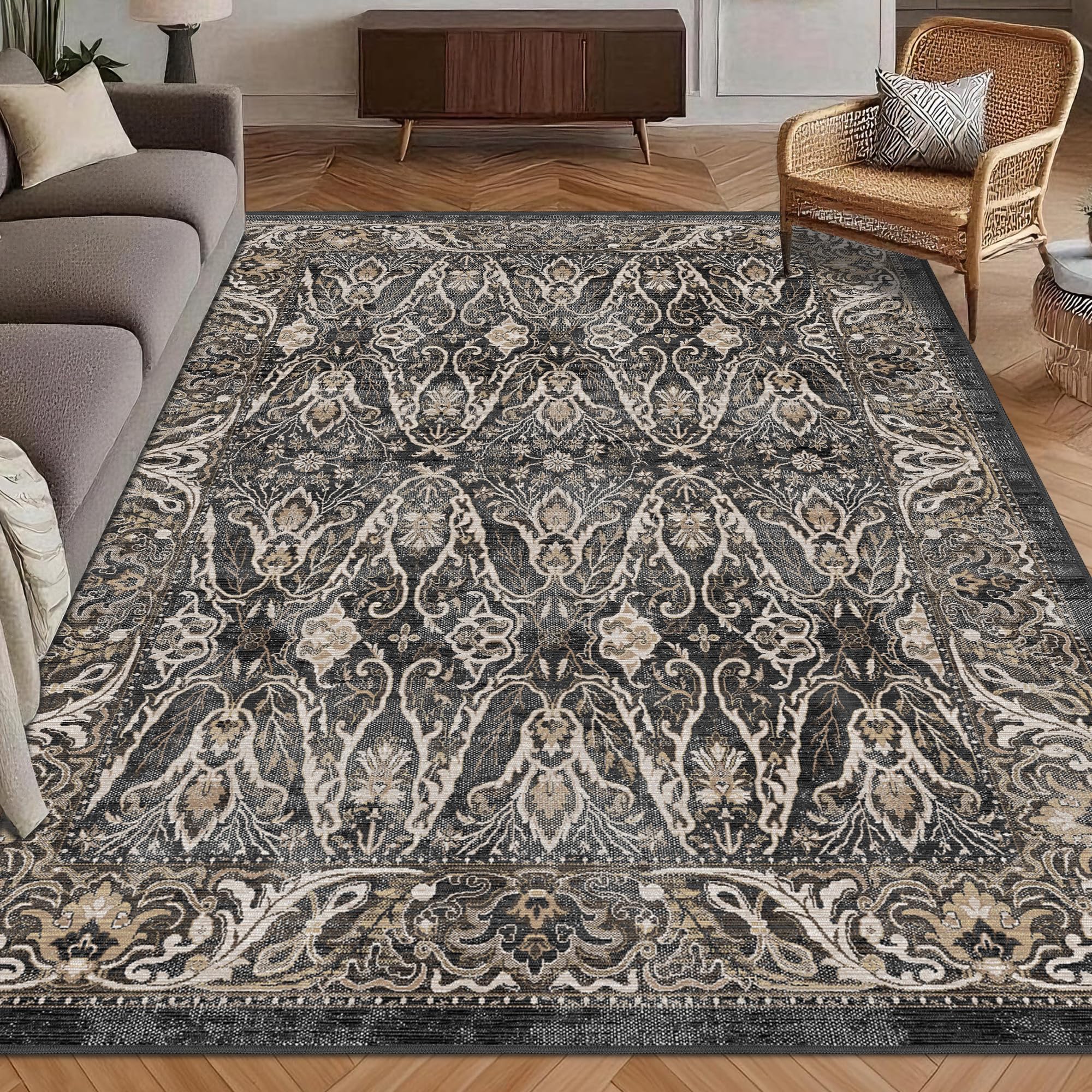 Washable Area Rug 4' x 6' Vintage Traditional Persian Mat - Foldable Distressed Non-Slip Machine Washable Carpet for Living Room Bedroom Kitchen Home Decor - Ebony and Taupe