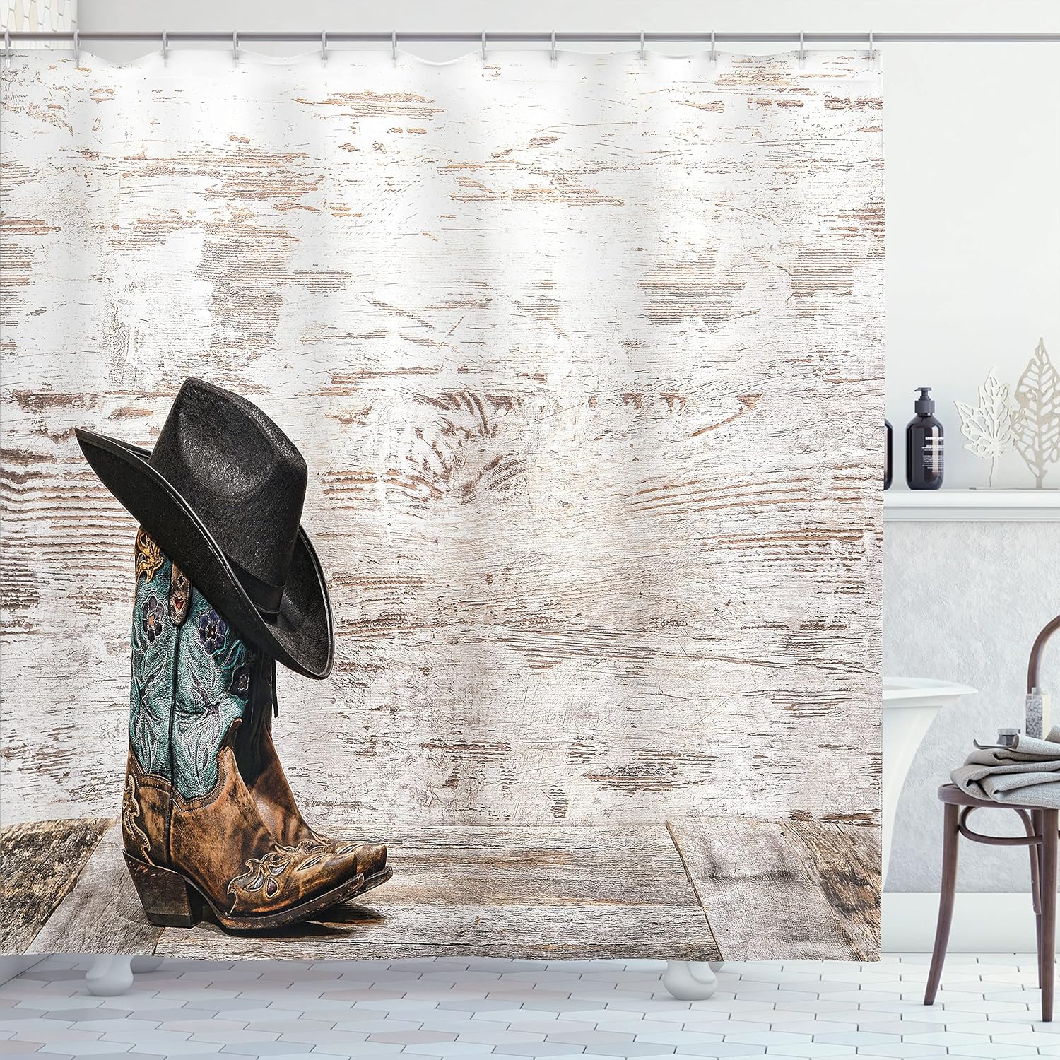 Ambesonne Western Shower Curtain, Traditional Rodeo Cowboy Hat and Cowgirl Boots Retro Grunge Background Art, Cloth Fabric Bathroom Decor Set with Hooks, 69" W x 75" L, Black Brown