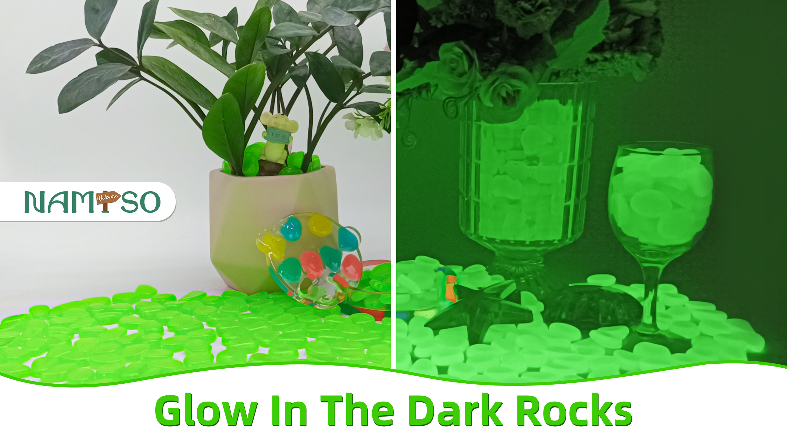 Image of NAMTSO Green Glow in the Dark Rocks Outdoor Garden Decor, 500 pcs, 2.3 lbs